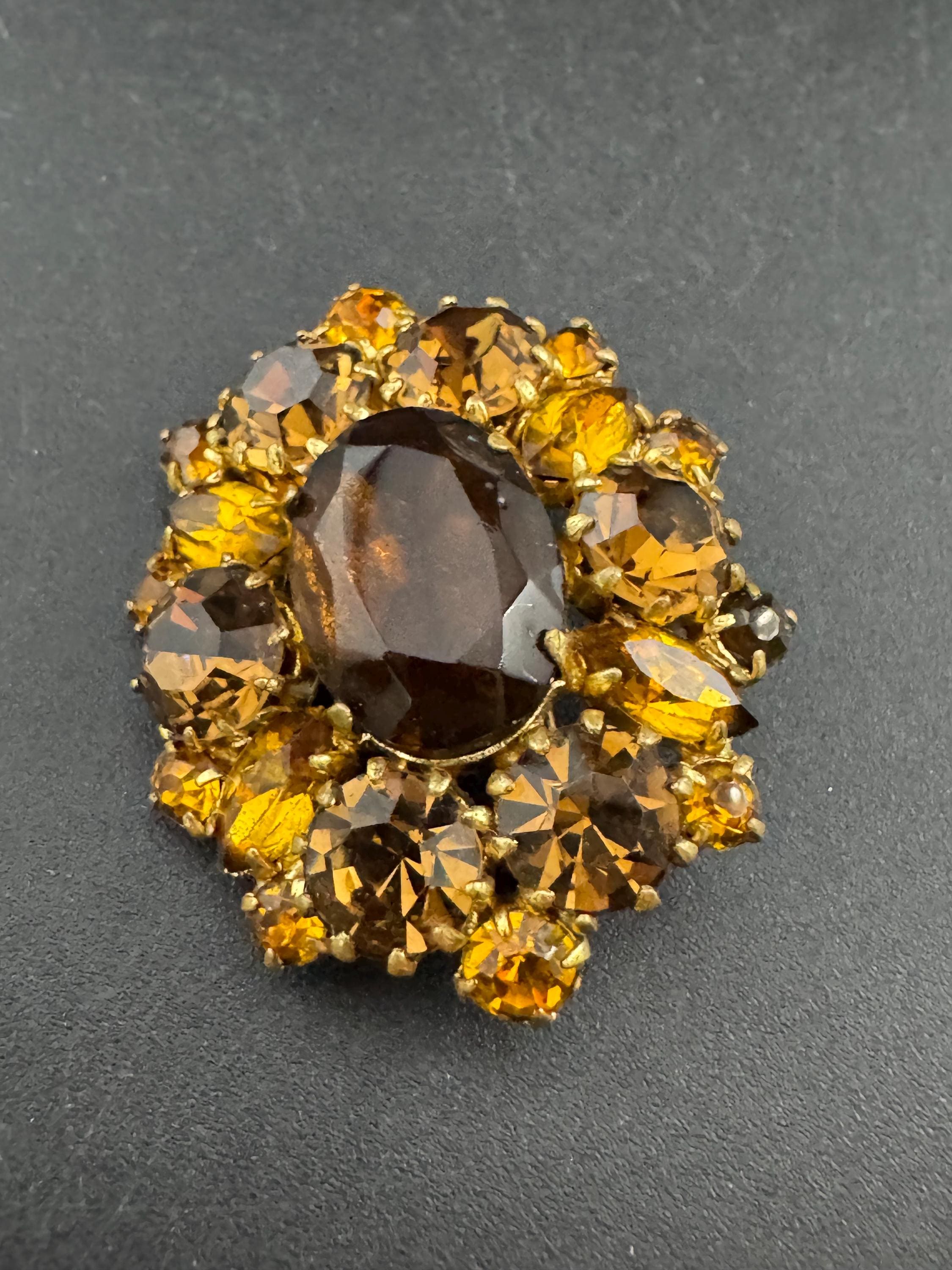vintage orange citrine and brown cognac glass open back brooch 1950s