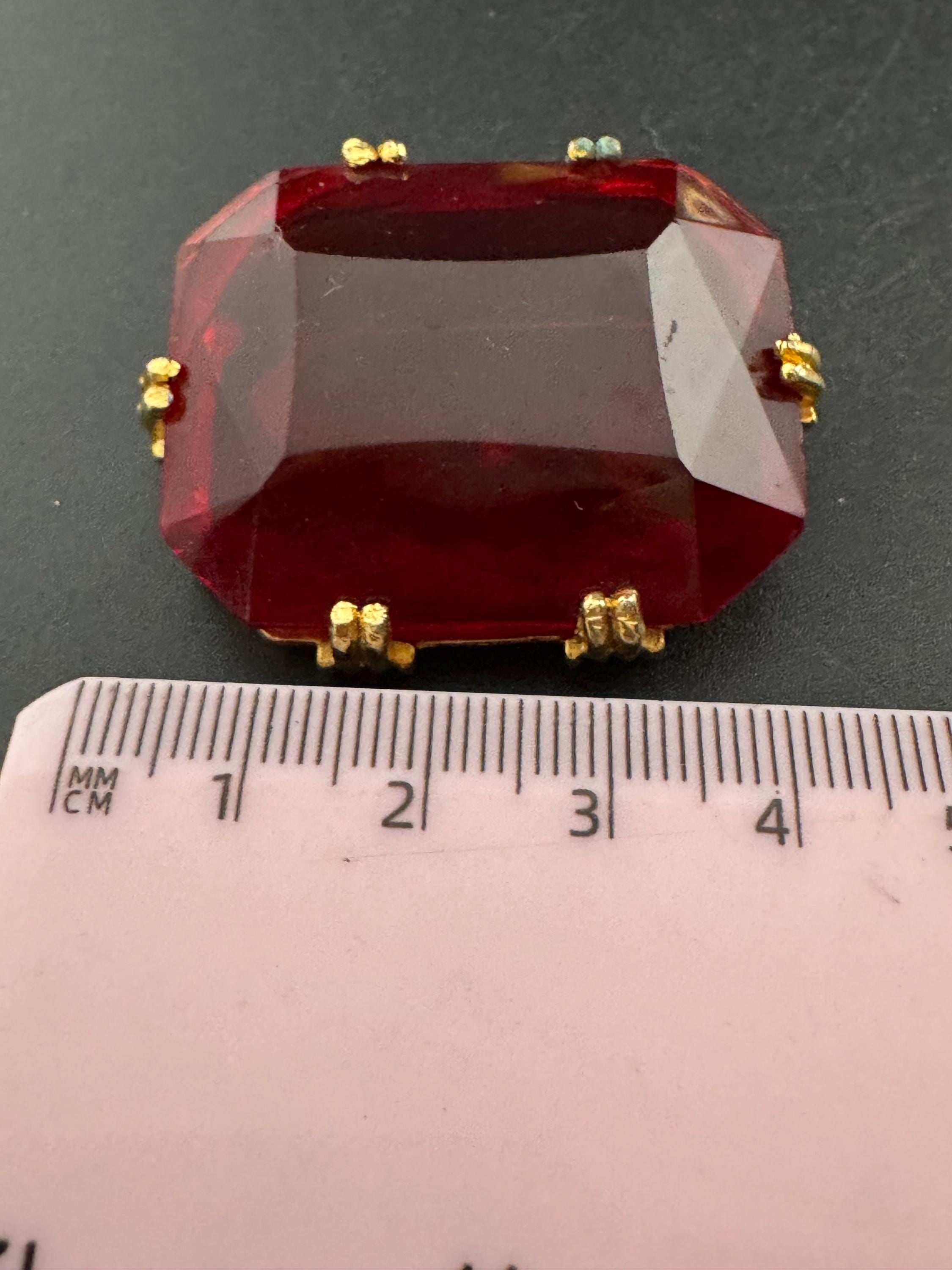 XL vintage bright ruby red faceted rectangular glass brooch