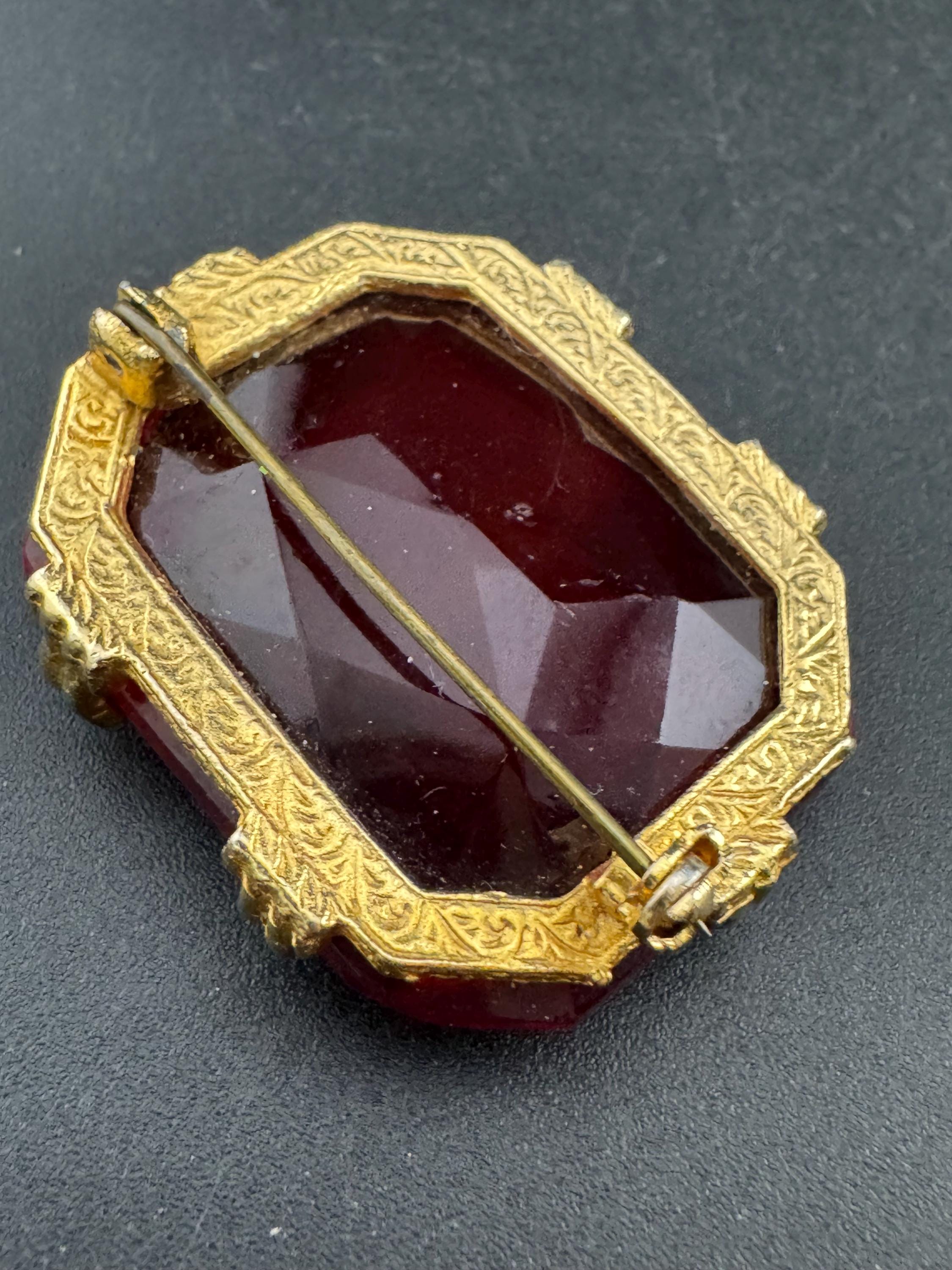 XL vintage bright ruby red faceted rectangular glass brooch