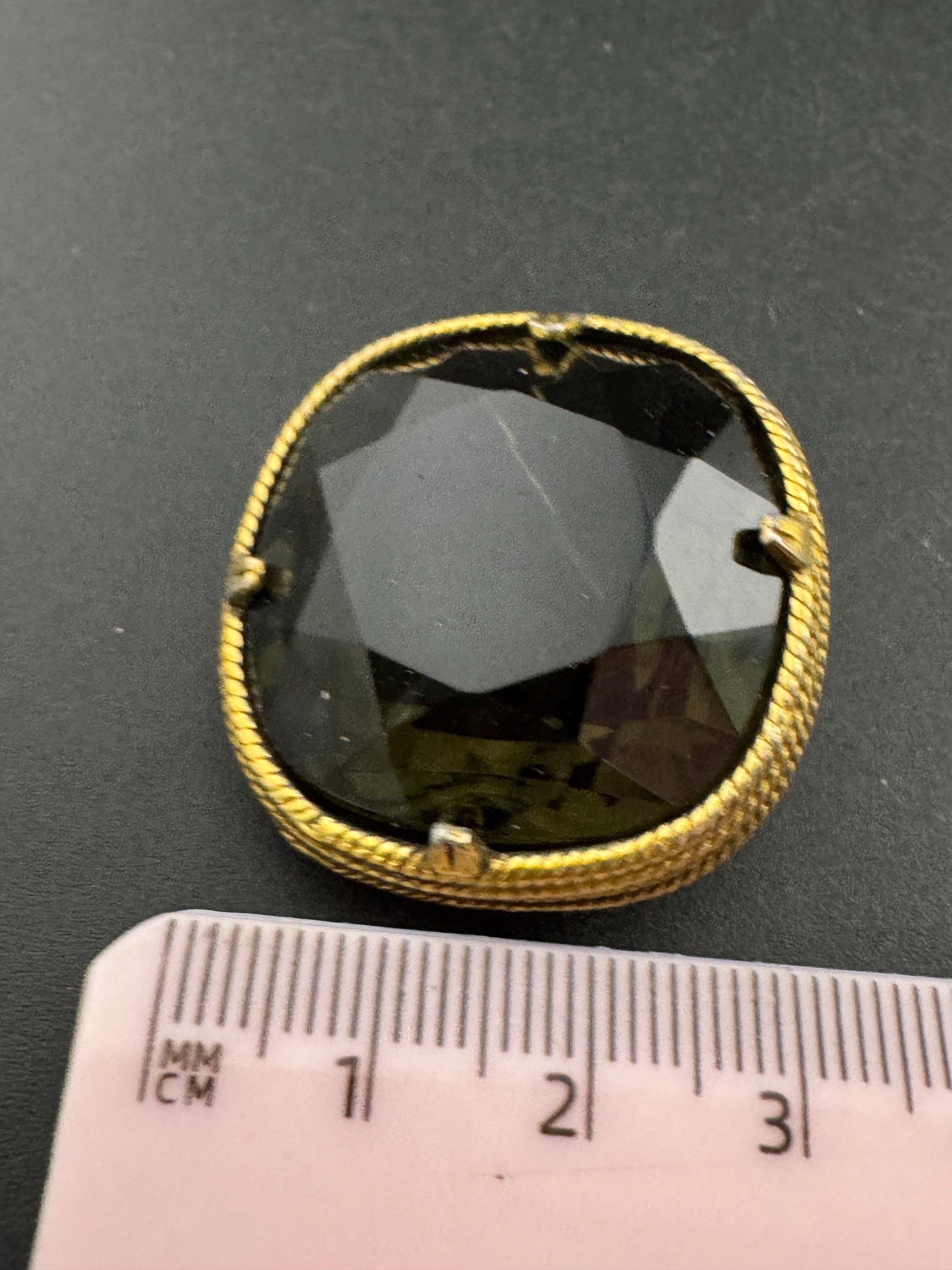 Vintage gold tone grey gallery edge glass brooch