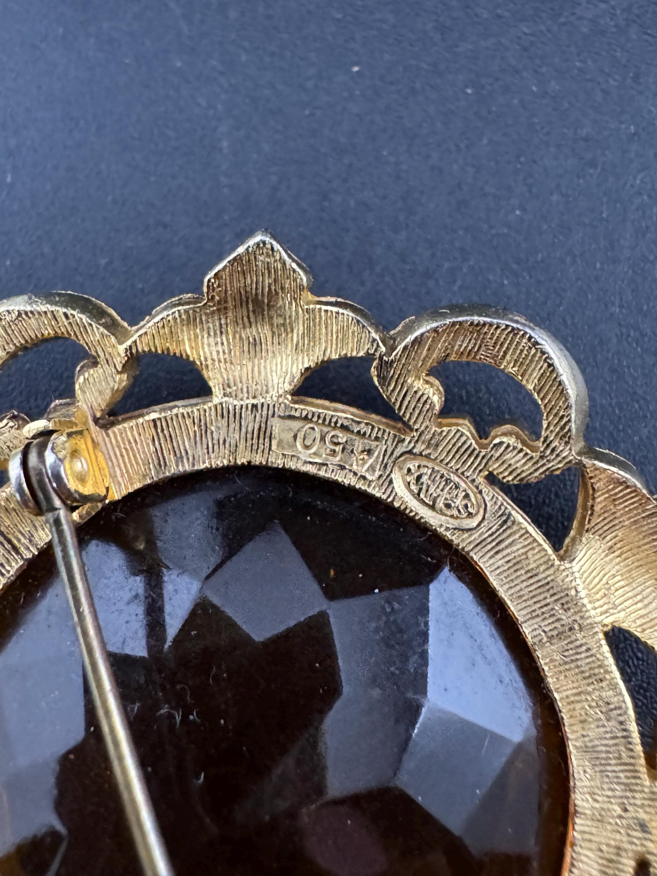 Signed SPHINX Brooch: Vintage Gold Tone Orange citrine Glass, Mid-Century Modern