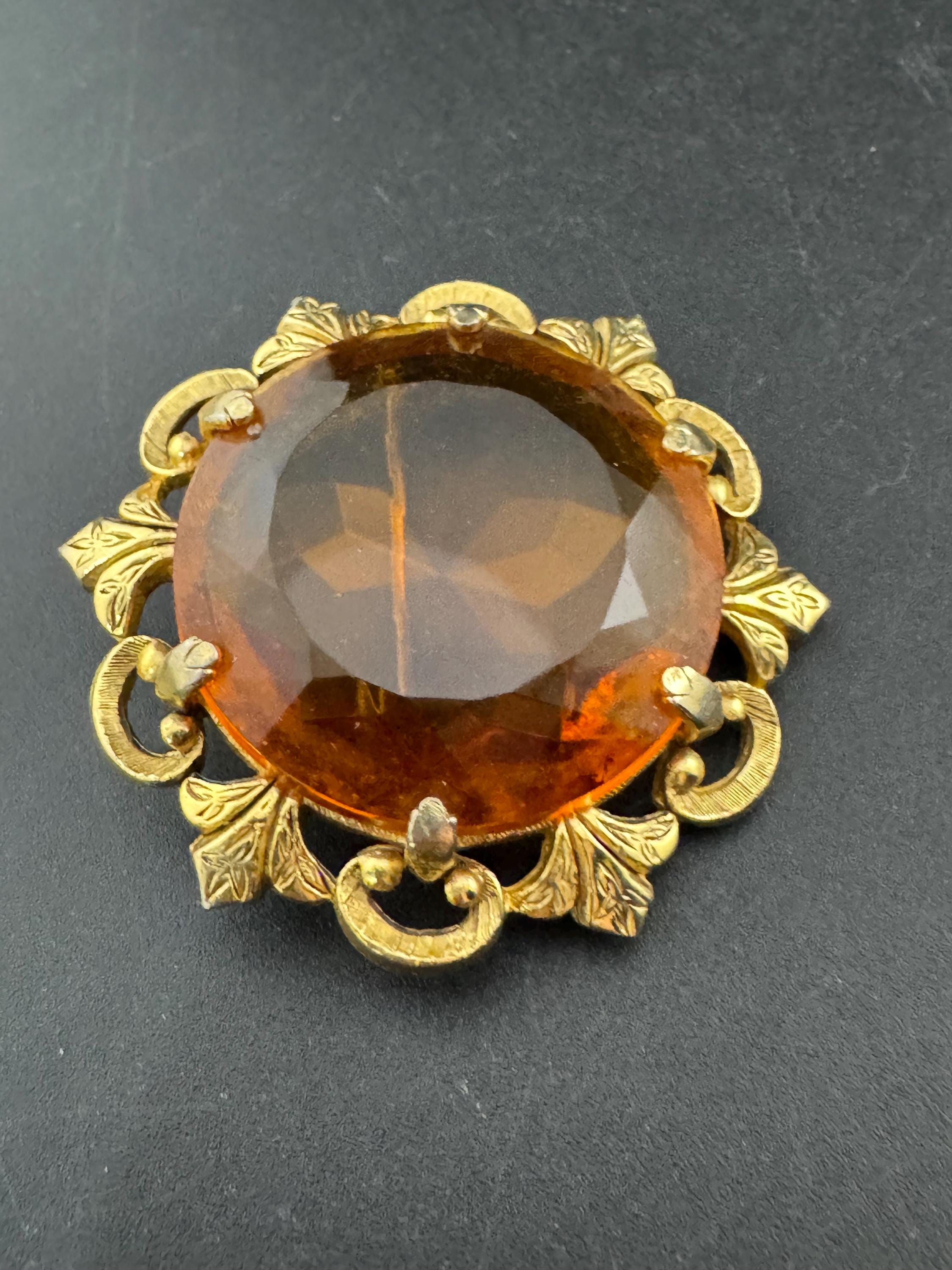 Signed SPHINX Brooch: Vintage Gold Tone Orange citrine Glass, Mid-Century Modern