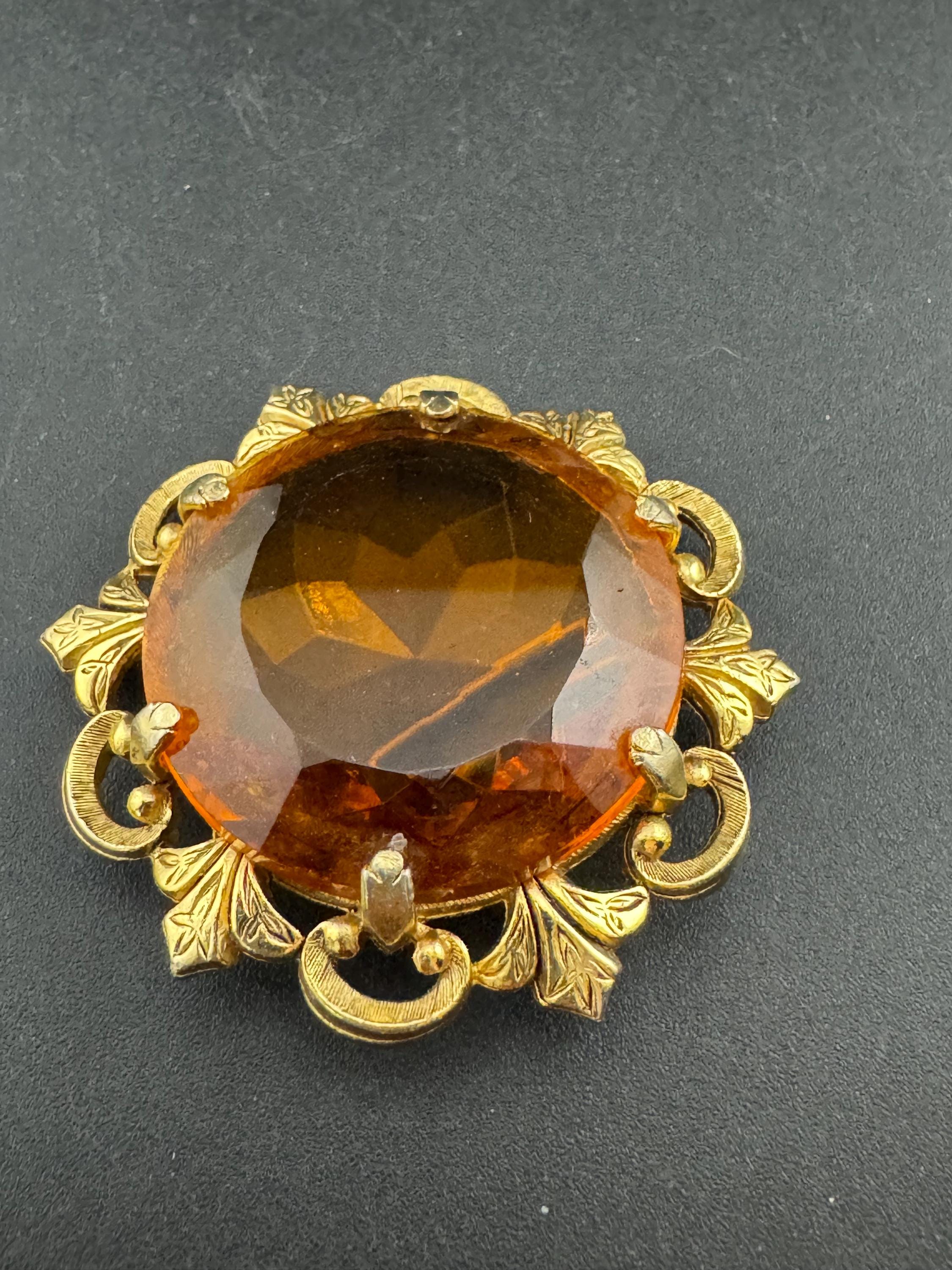 Signed SPHINX Brooch: Vintage Gold Tone Orange citrine Glass, Mid-Century Modern