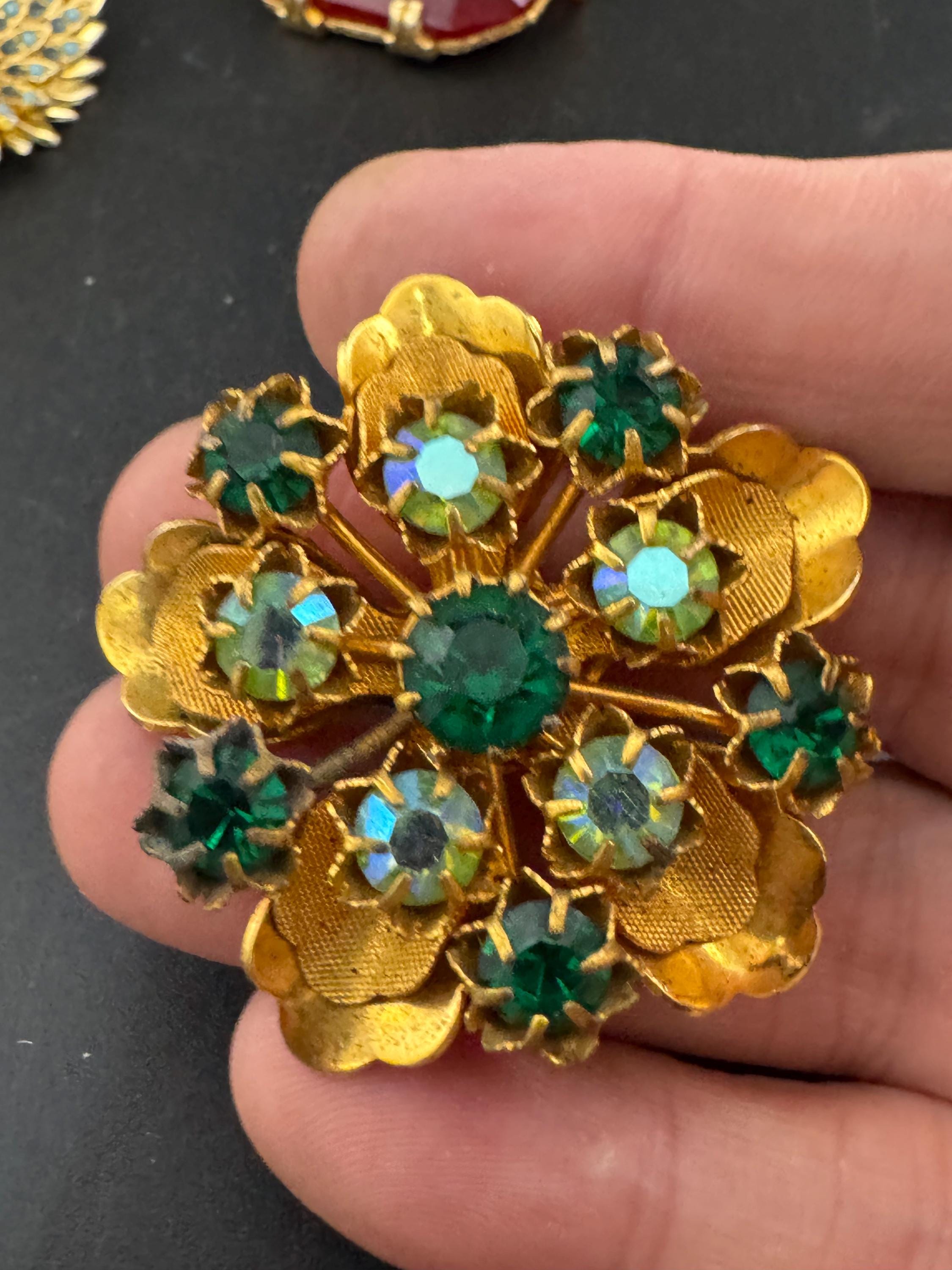 Antique Art Deco Czech gold plated emerald rhinestone AB crystal brooch