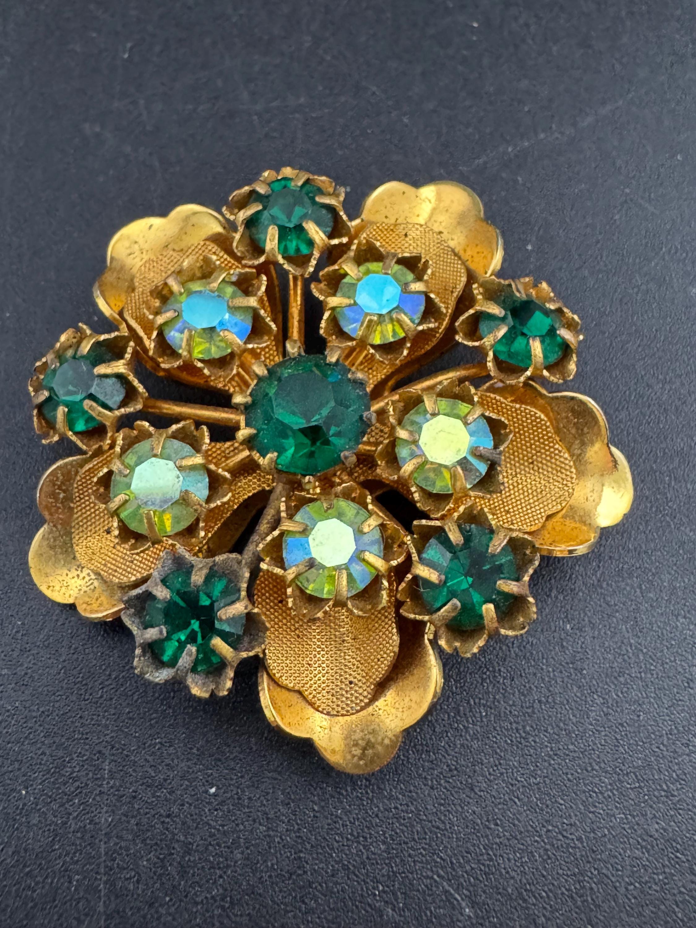 Antique Art Deco Czech gold plated emerald rhinestone AB crystal brooch