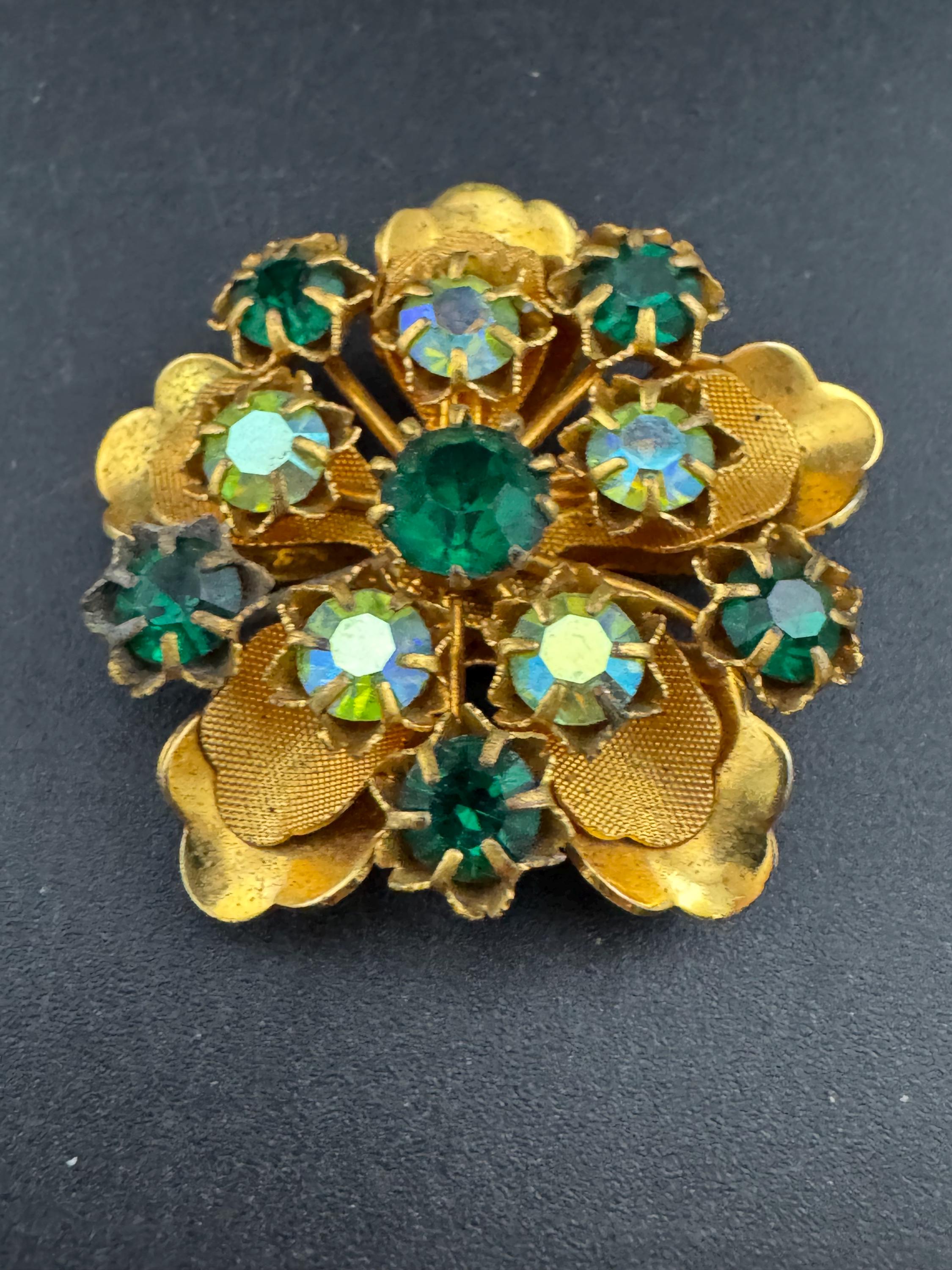 Antique Art Deco Czech gold plated emerald rhinestone AB crystal brooch