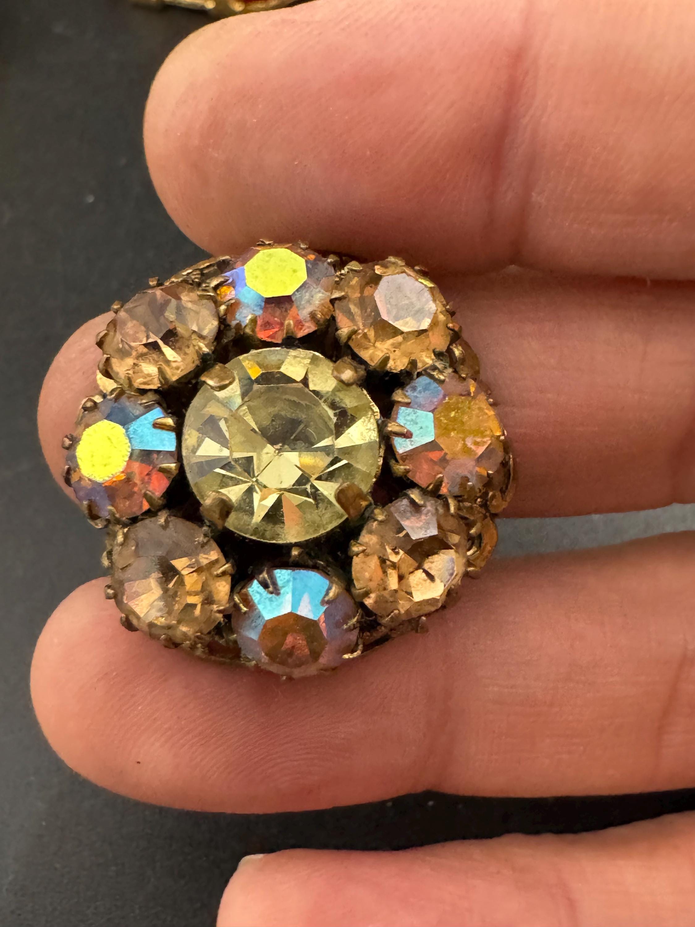 Antique Art Deco Czech Brooch: Gilt Filigree, yellow AB Aurora borealis Rhinestones