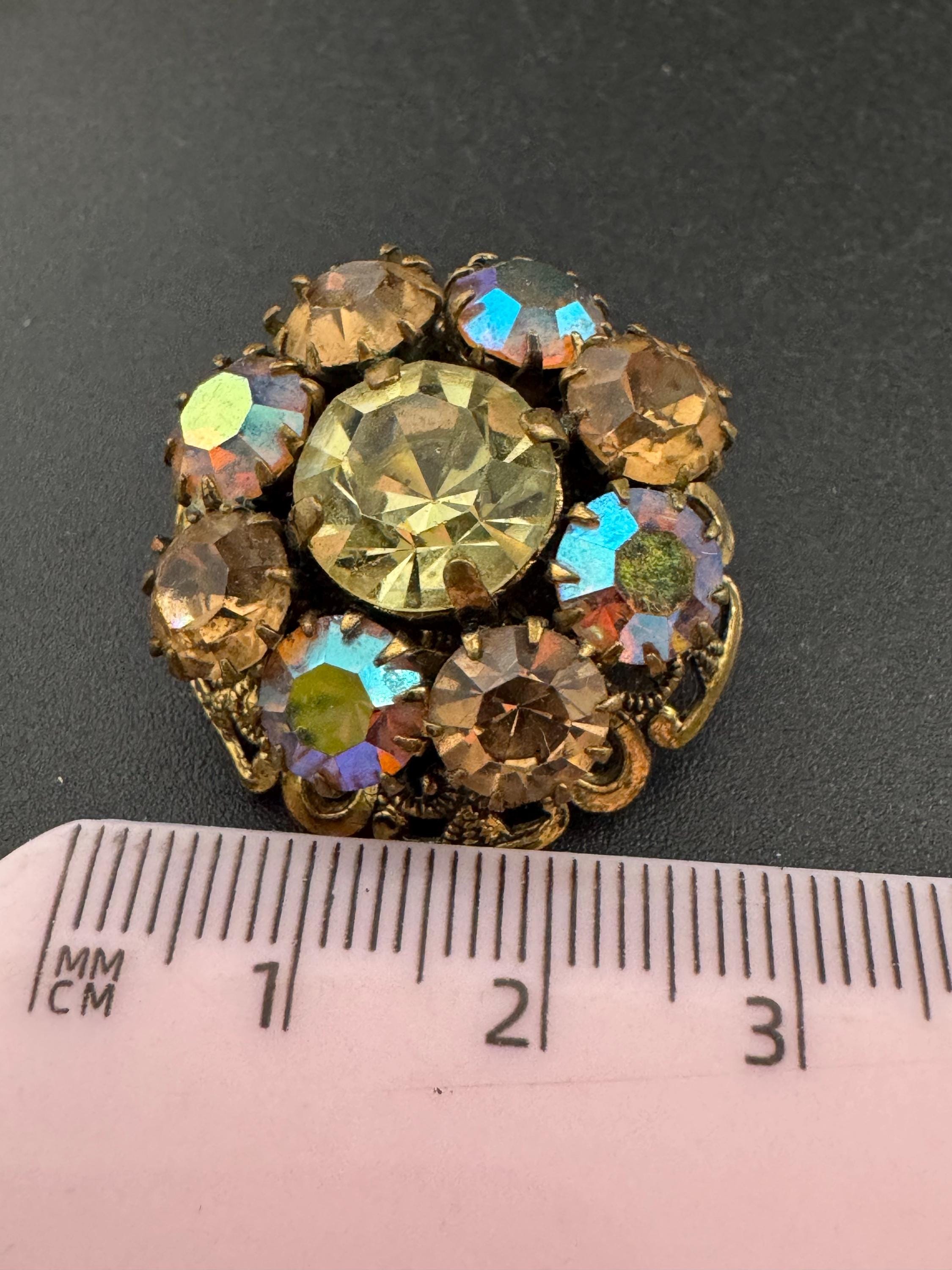Antique Art Deco Czech Brooch: Gilt Filigree, yellow AB Aurora borealis Rhinestones