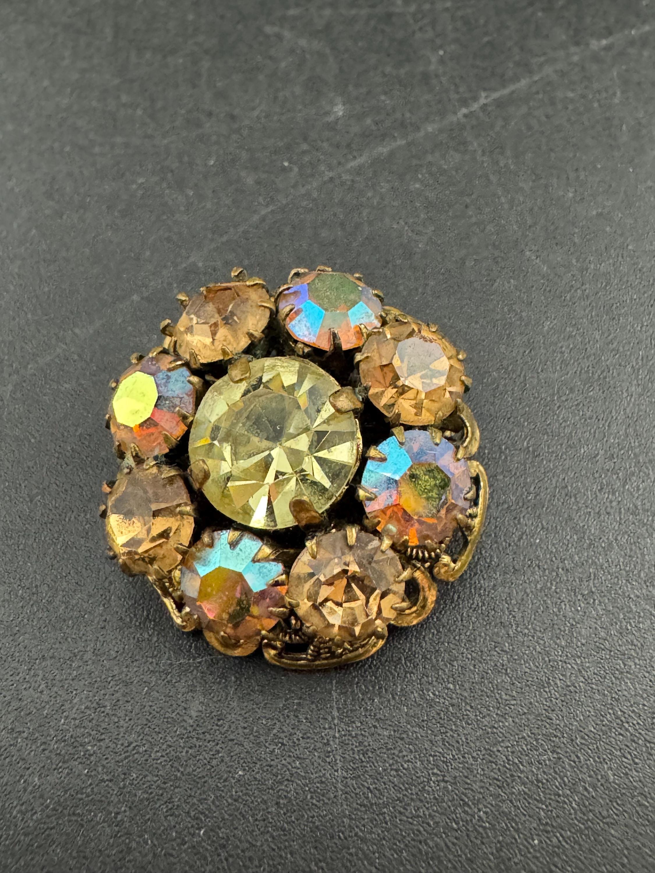 Antique Art Deco Czech Brooch: Gilt Filigree, yellow AB Aurora borealis Rhinestones