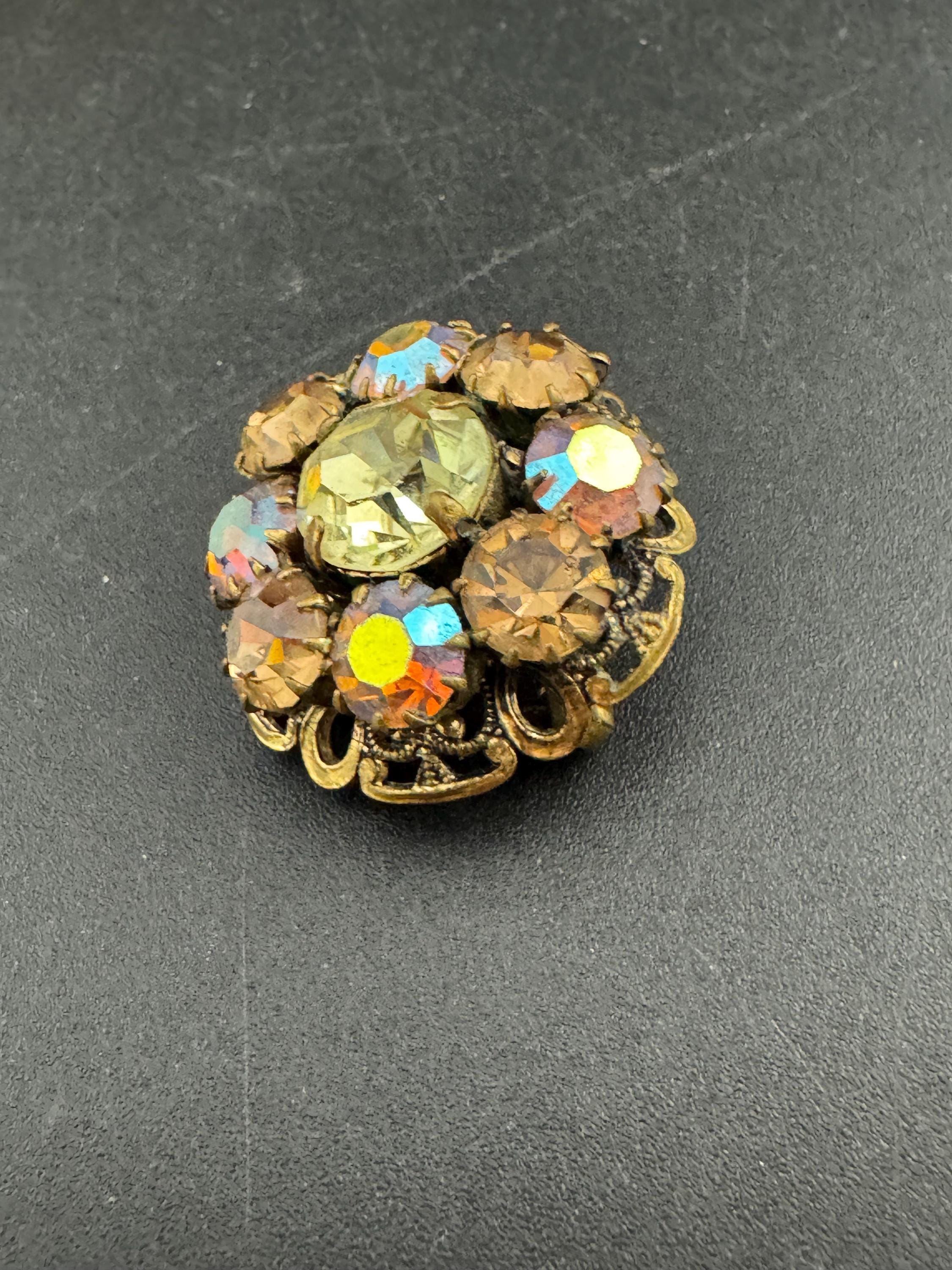 Antique Art Deco Czech Brooch: Gilt Filigree, yellow AB Aurora borealis Rhinestones