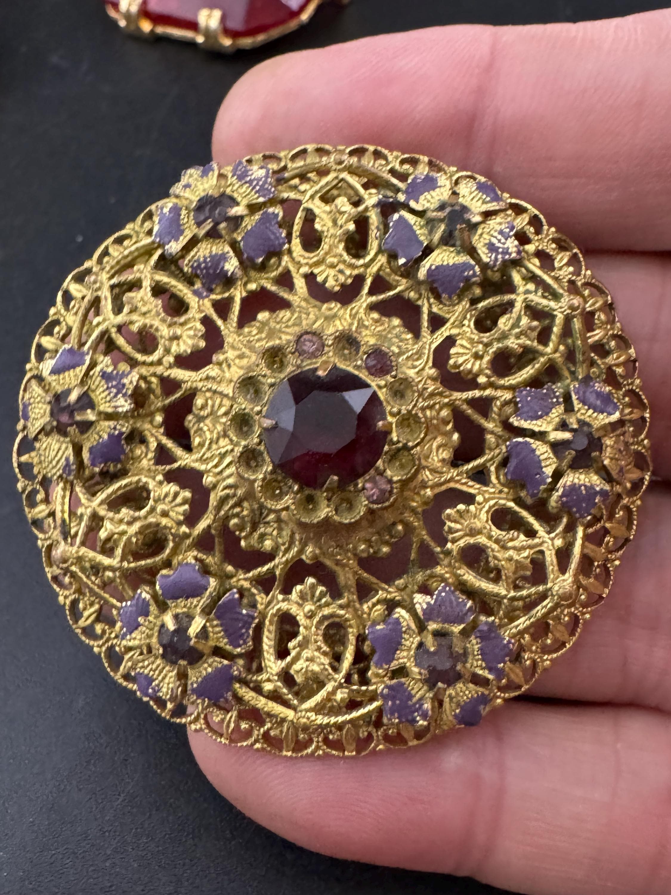 Czech large gold brass filigree faux amethyst purple rhinestone brooch
