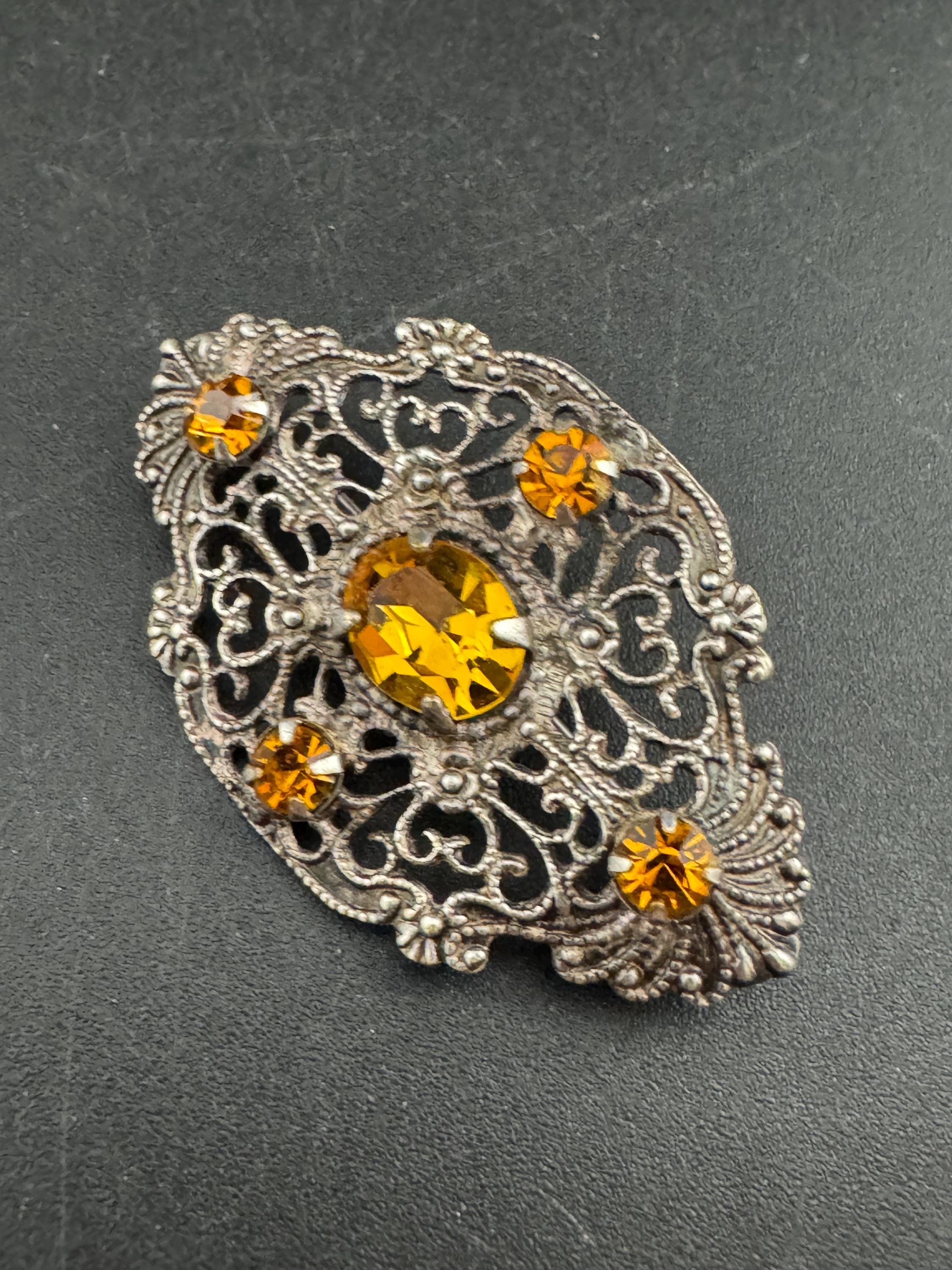 Antique Art Deco Czech gold tone citrine orange rhinestone crystal  brooch