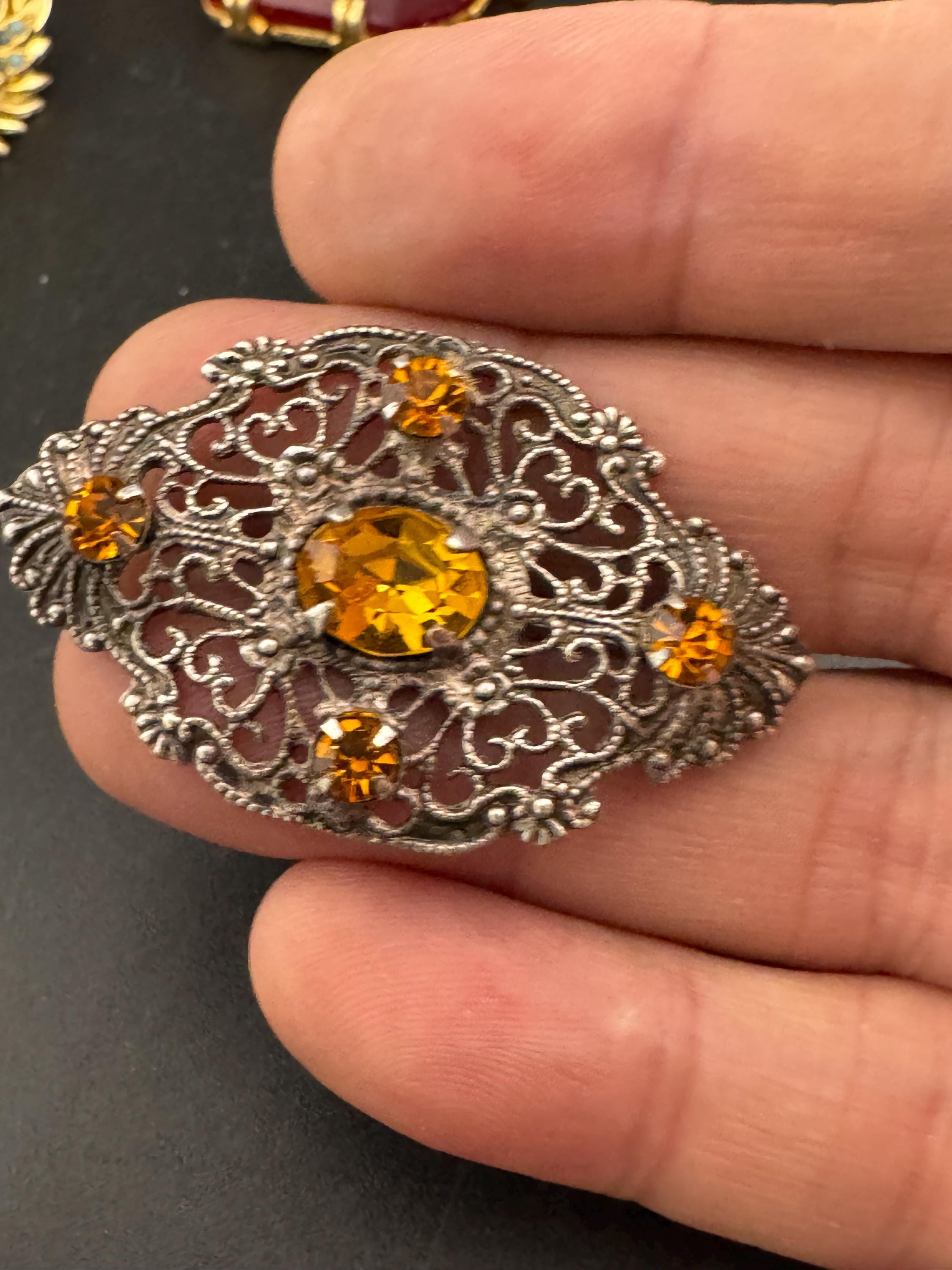 Antique Art Deco Czech gold tone citrine orange rhinestone crystal  brooch