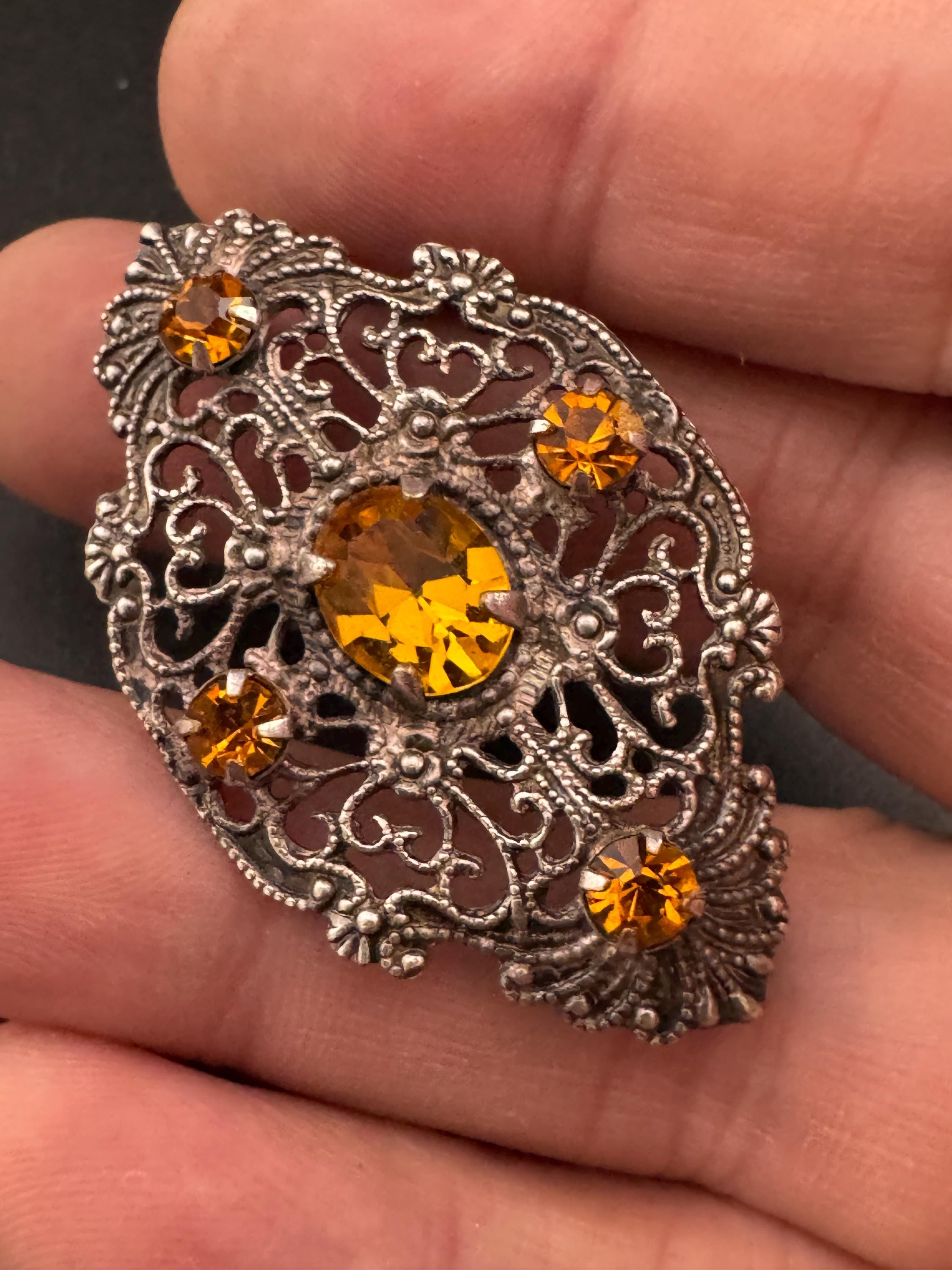 Antique Art Deco Czech gold tone citrine orange rhinestone crystal  brooch