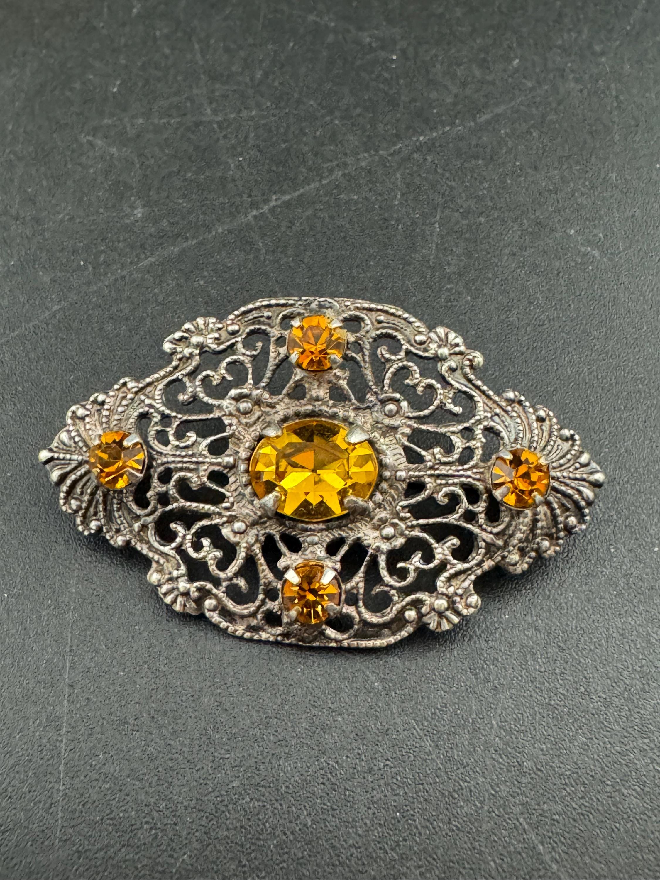 Antique Art Deco Czech gold tone citrine orange rhinestone crystal  brooch