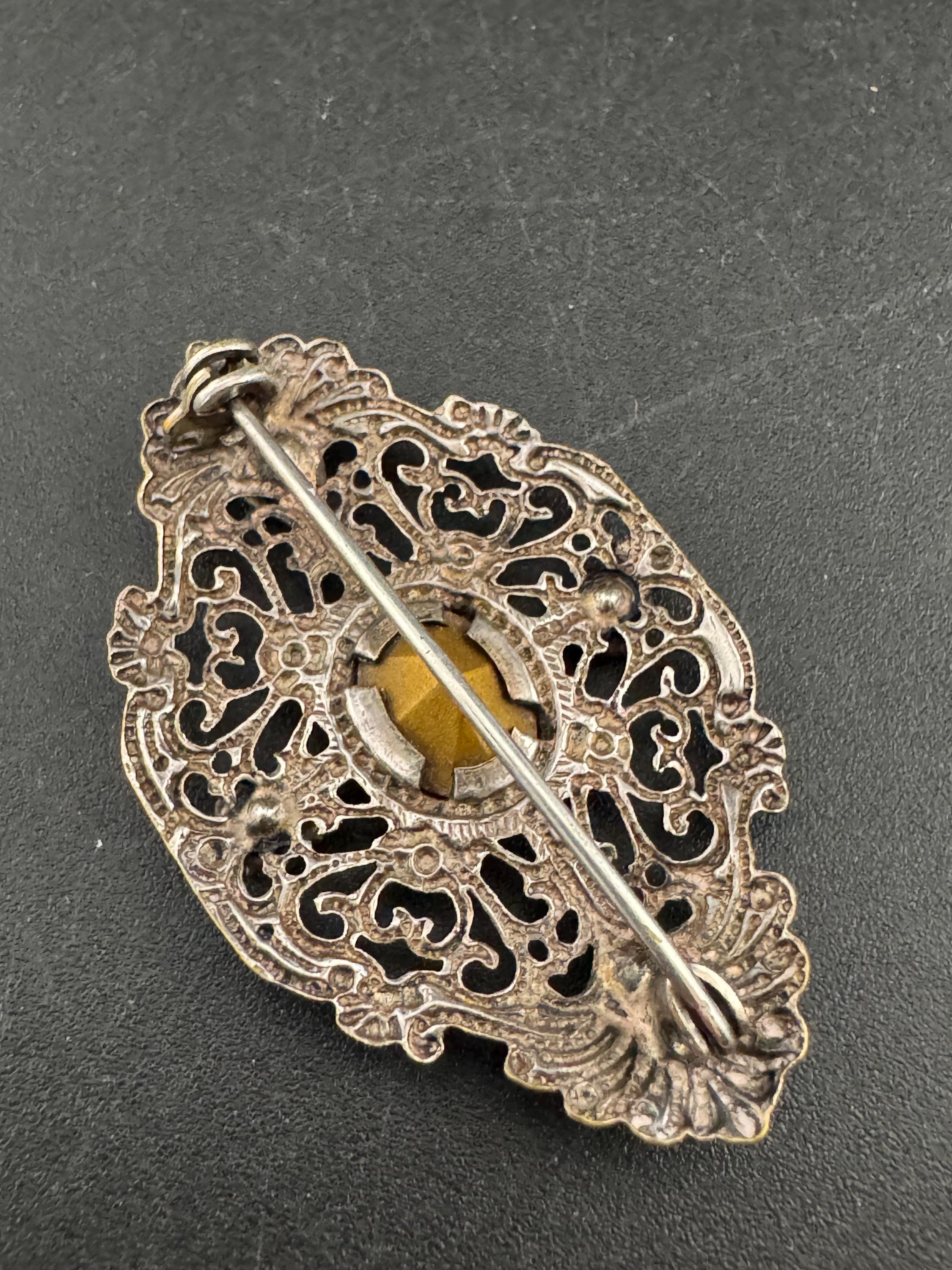 Antique Art Deco Czech gold tone citrine orange rhinestone crystal  brooch