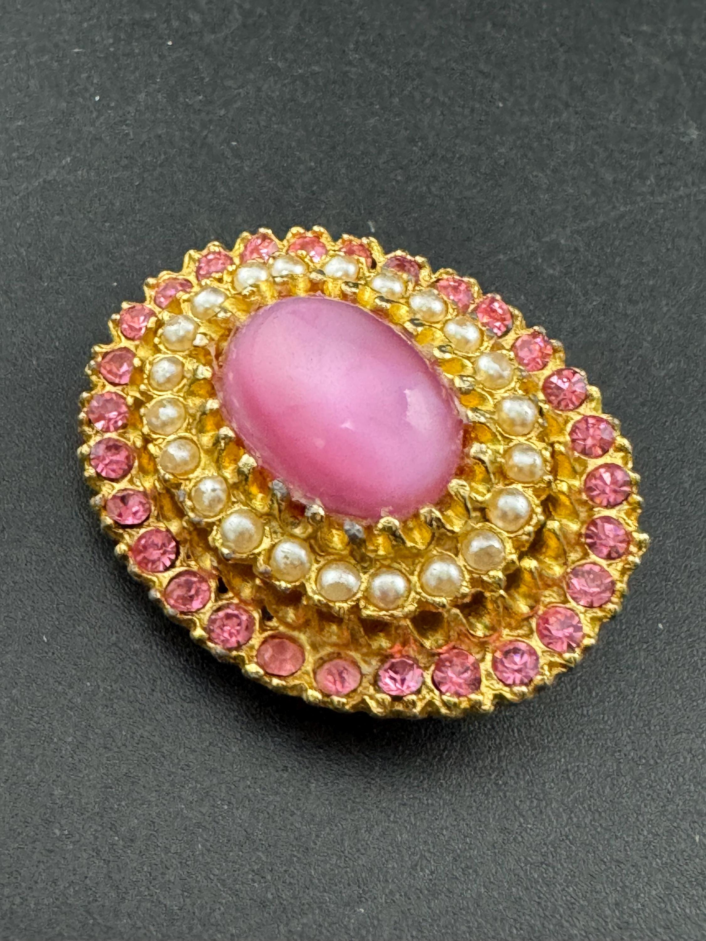 Vintage Art Deco pink satin glass cabochon rhinestone pearl oval Brooch