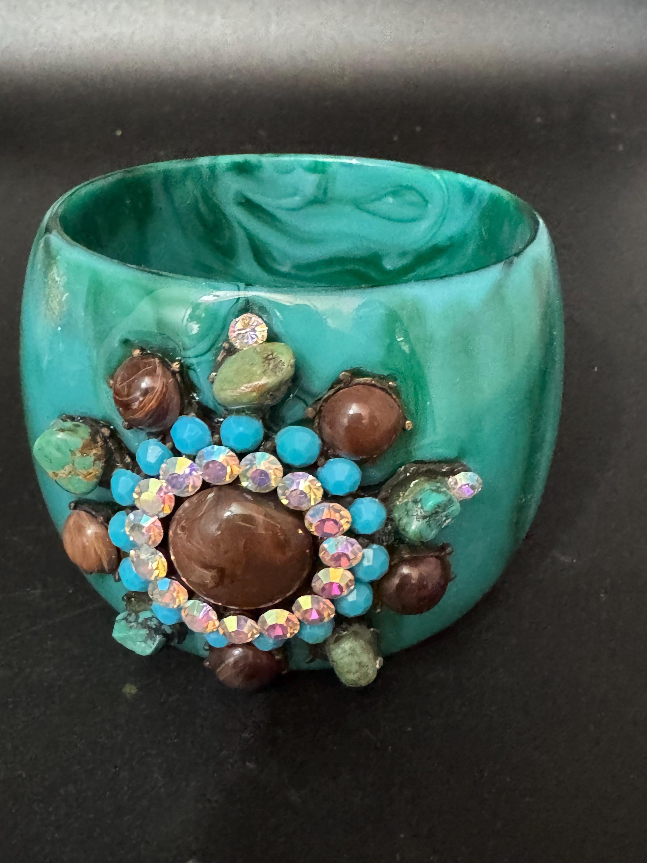 vintage oversized teal blue green AB rhinestone & Gemstone wide acrylic bangle