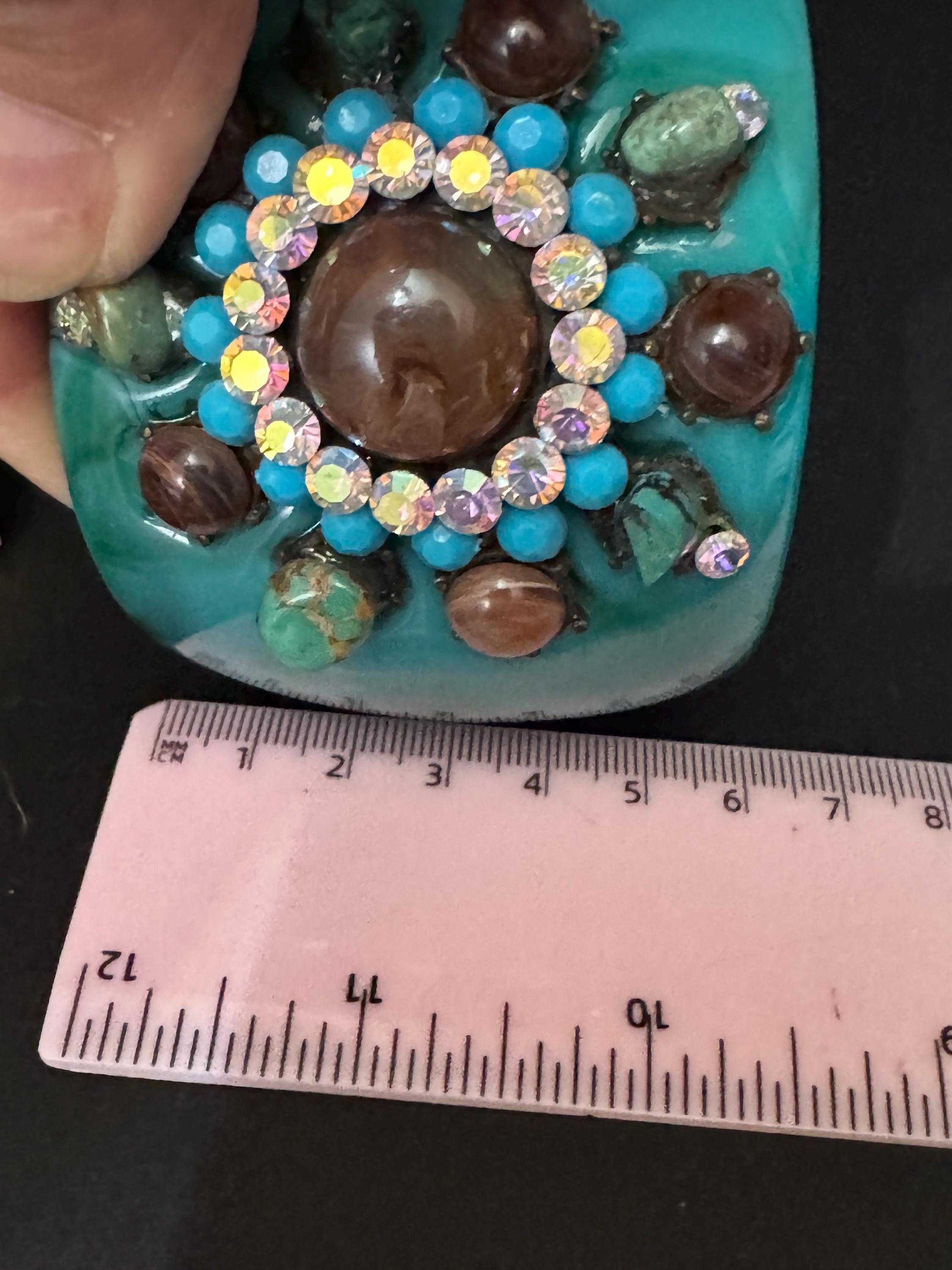 vintage oversized teal blue green AB rhinestone & Gemstone wide acrylic bangle