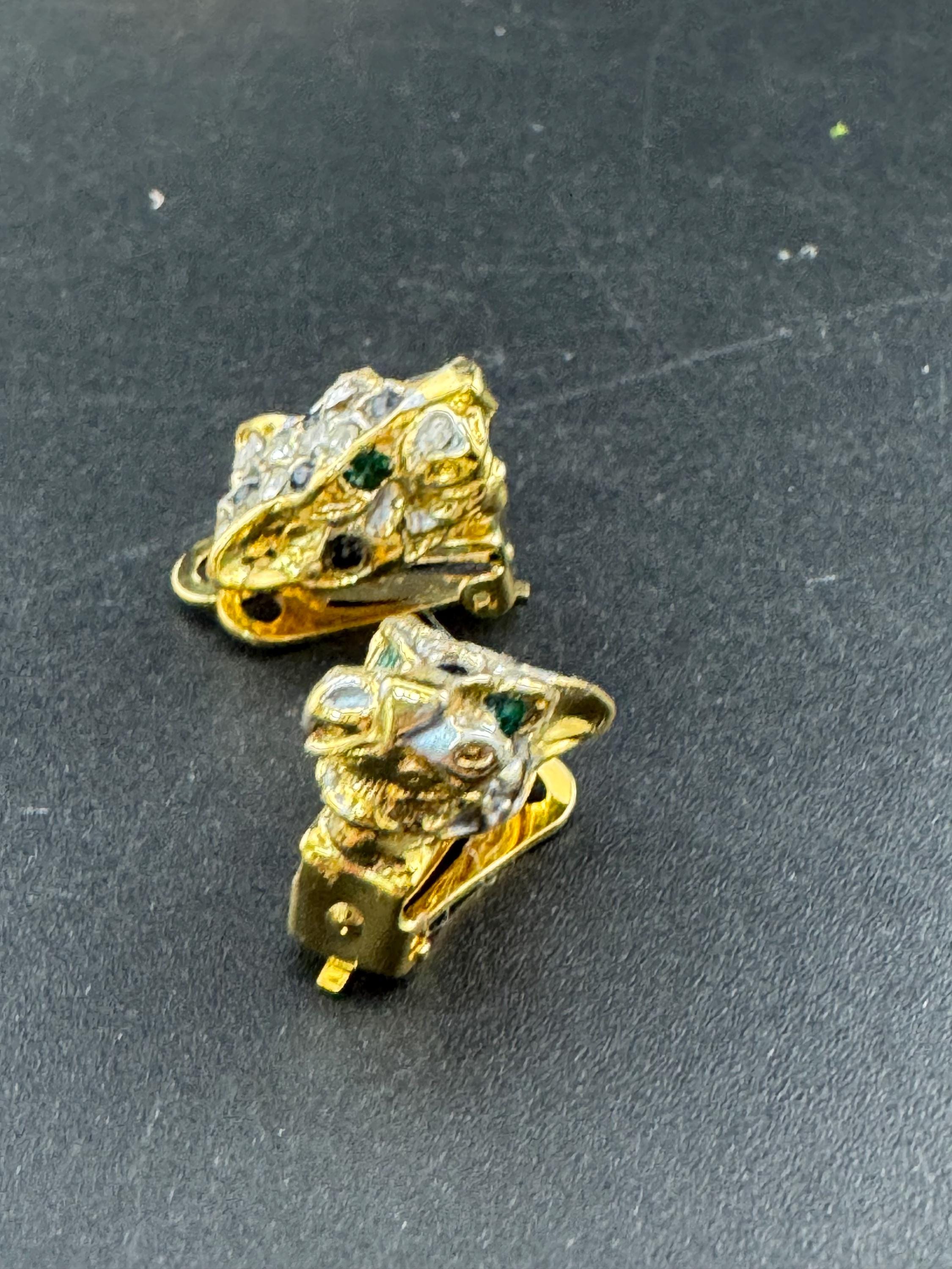 BIG CAT diamanté leopard clip on earrings tiger panther gold tone 1980s vintage