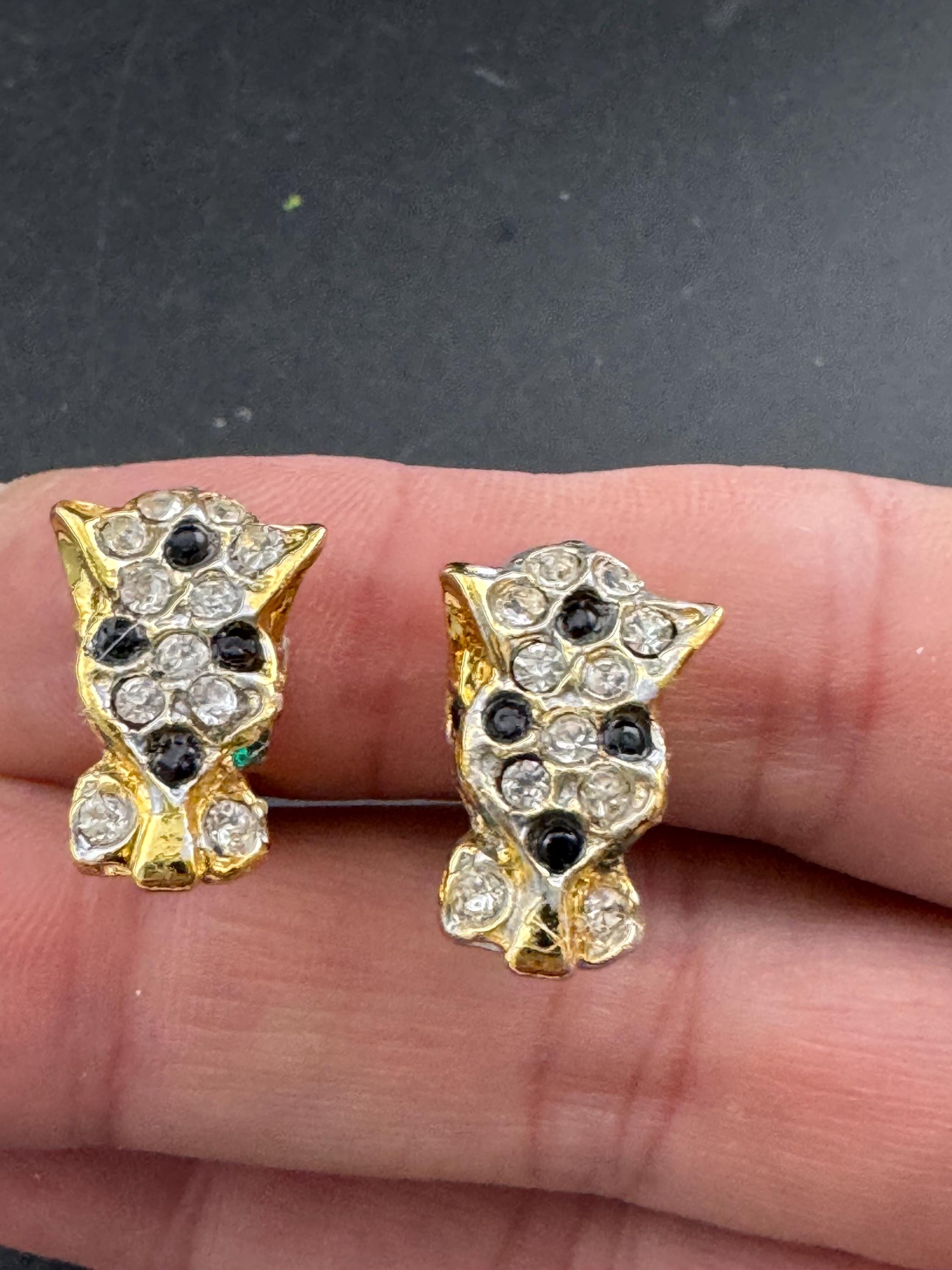 BIG CAT diamanté leopard clip on earrings tiger panther gold tone 1980s vintage