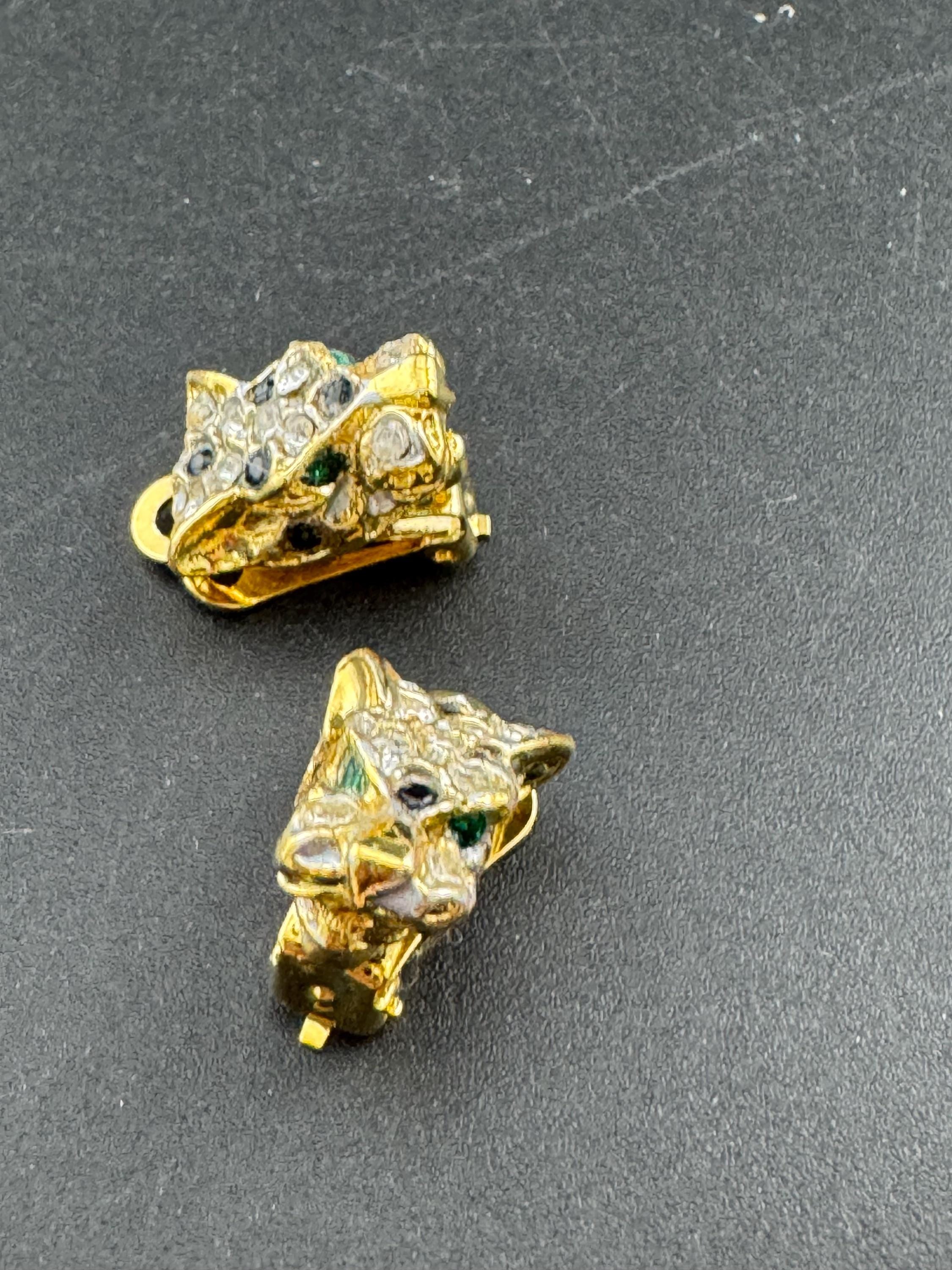 BIG CAT diamanté leopard clip on earrings tiger panther gold tone 1980s vintage