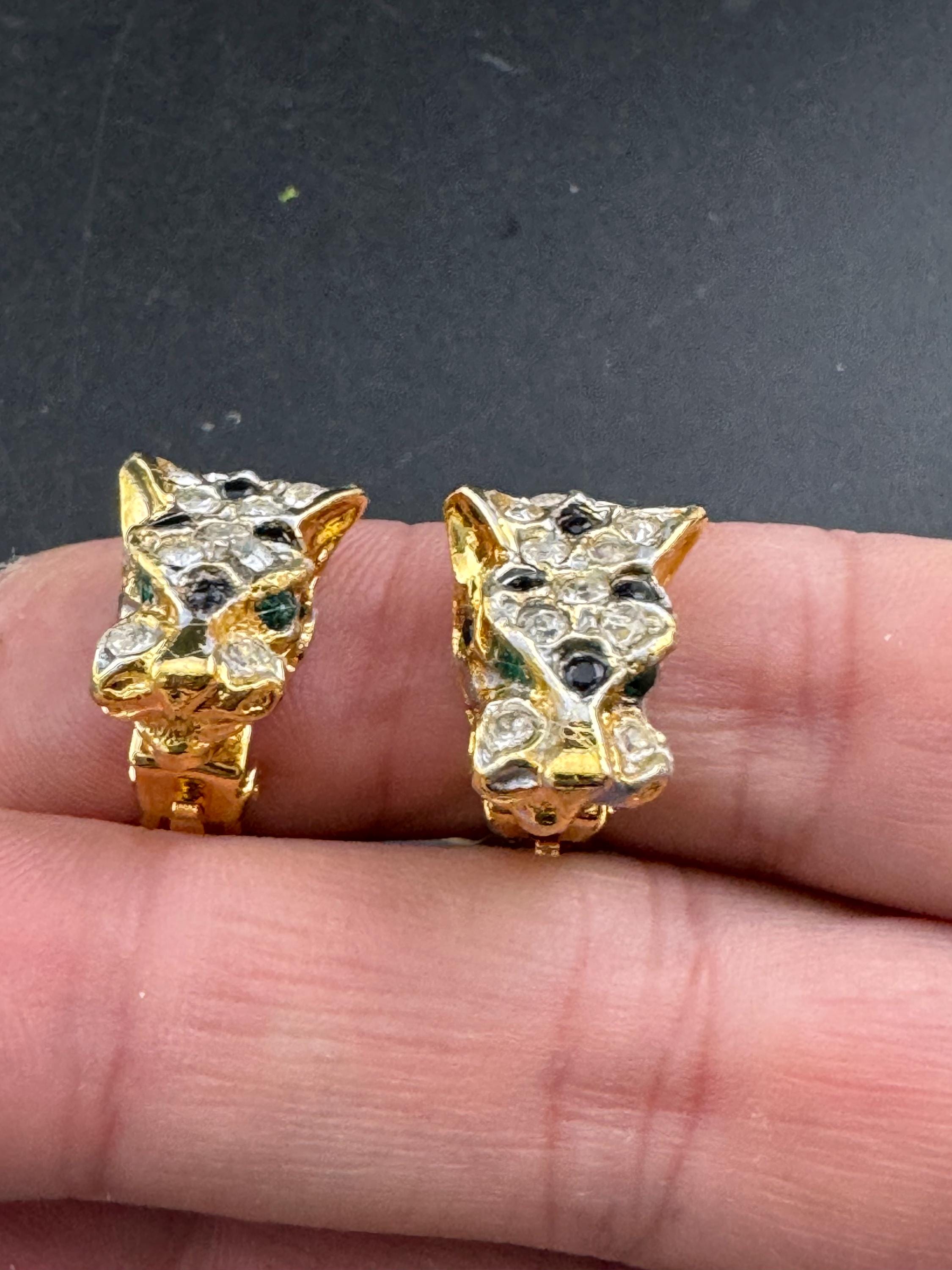 BIG CAT diamanté leopard clip on earrings tiger panther gold tone 1980s vintage