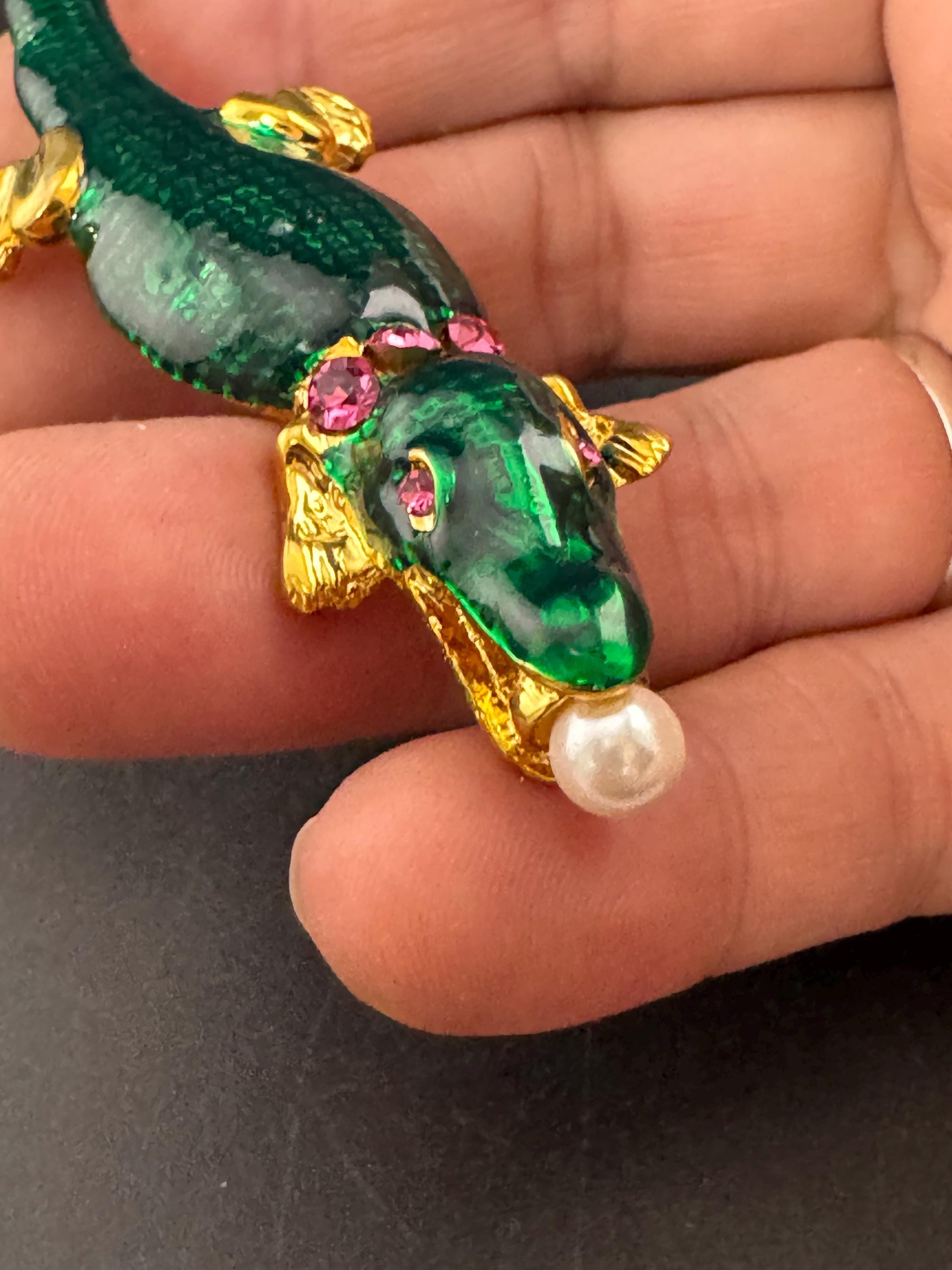 retro novelty crocodile alligator  brooch, gold tone green enamel and pearl