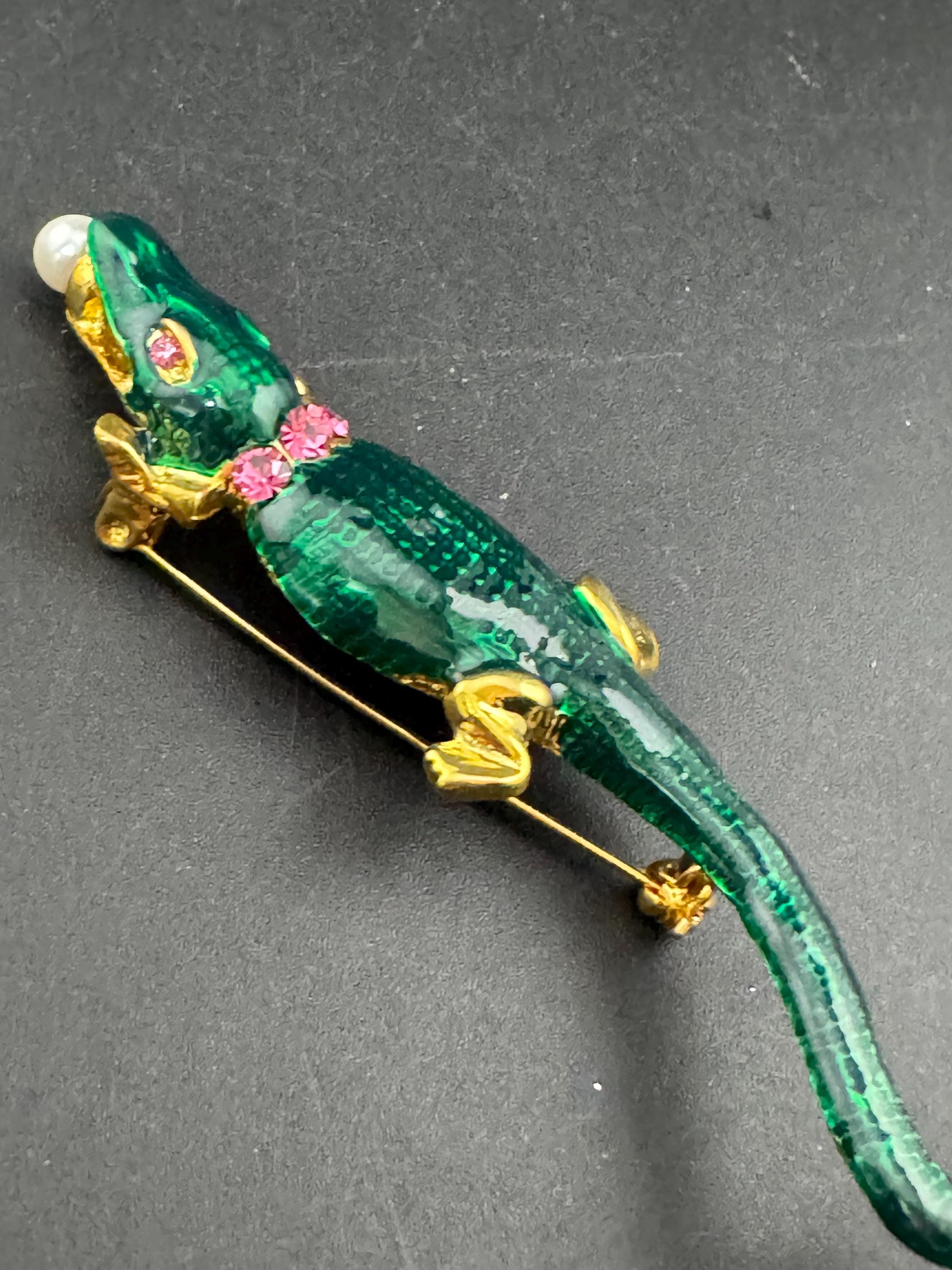retro novelty crocodile alligator  brooch, gold tone green enamel and pearl