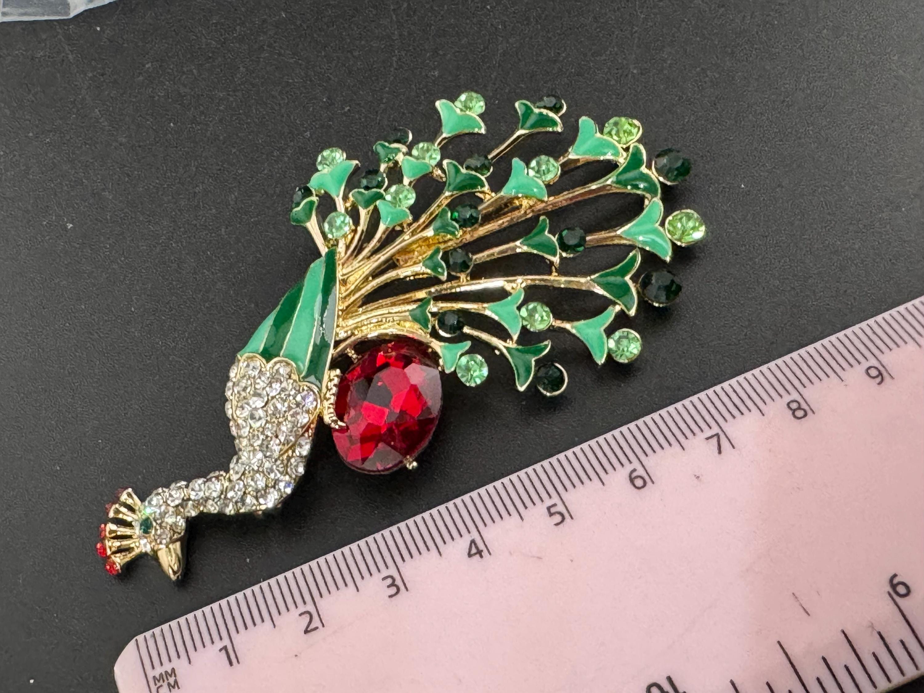 Retro green enamel Peacock Bird brooch white RG ruby red cabochon crystal
