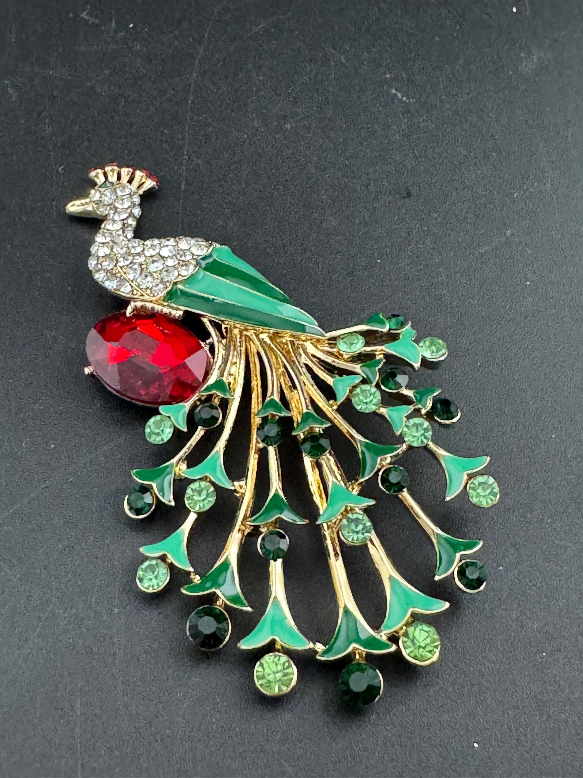 Retro green enamel Peacock Bird brooch white RG ruby red cabochon crystal