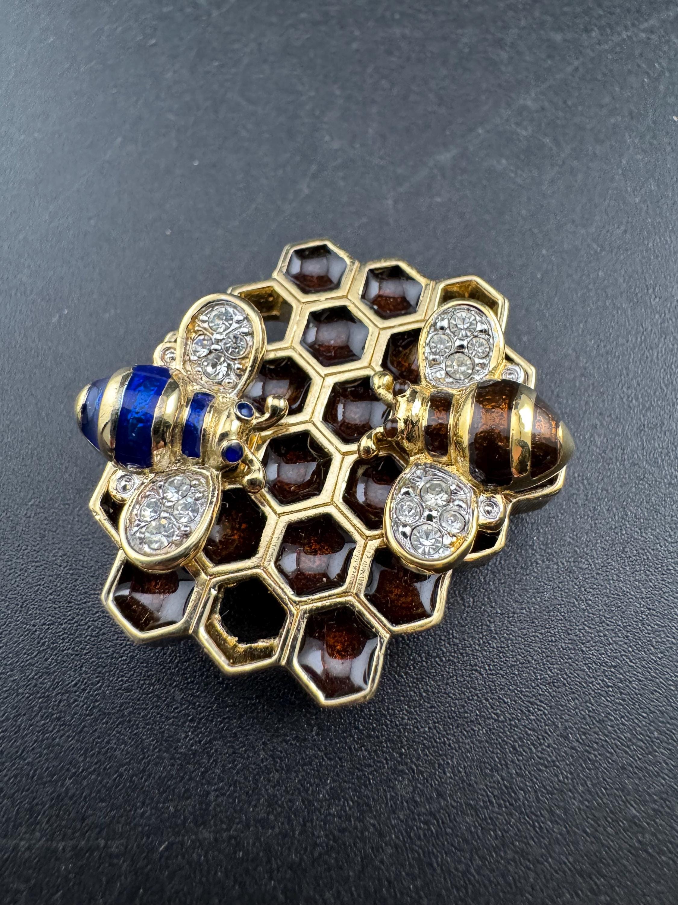 Vintage rhinestone and enamel honeycomb and bees brooch, interchangeable