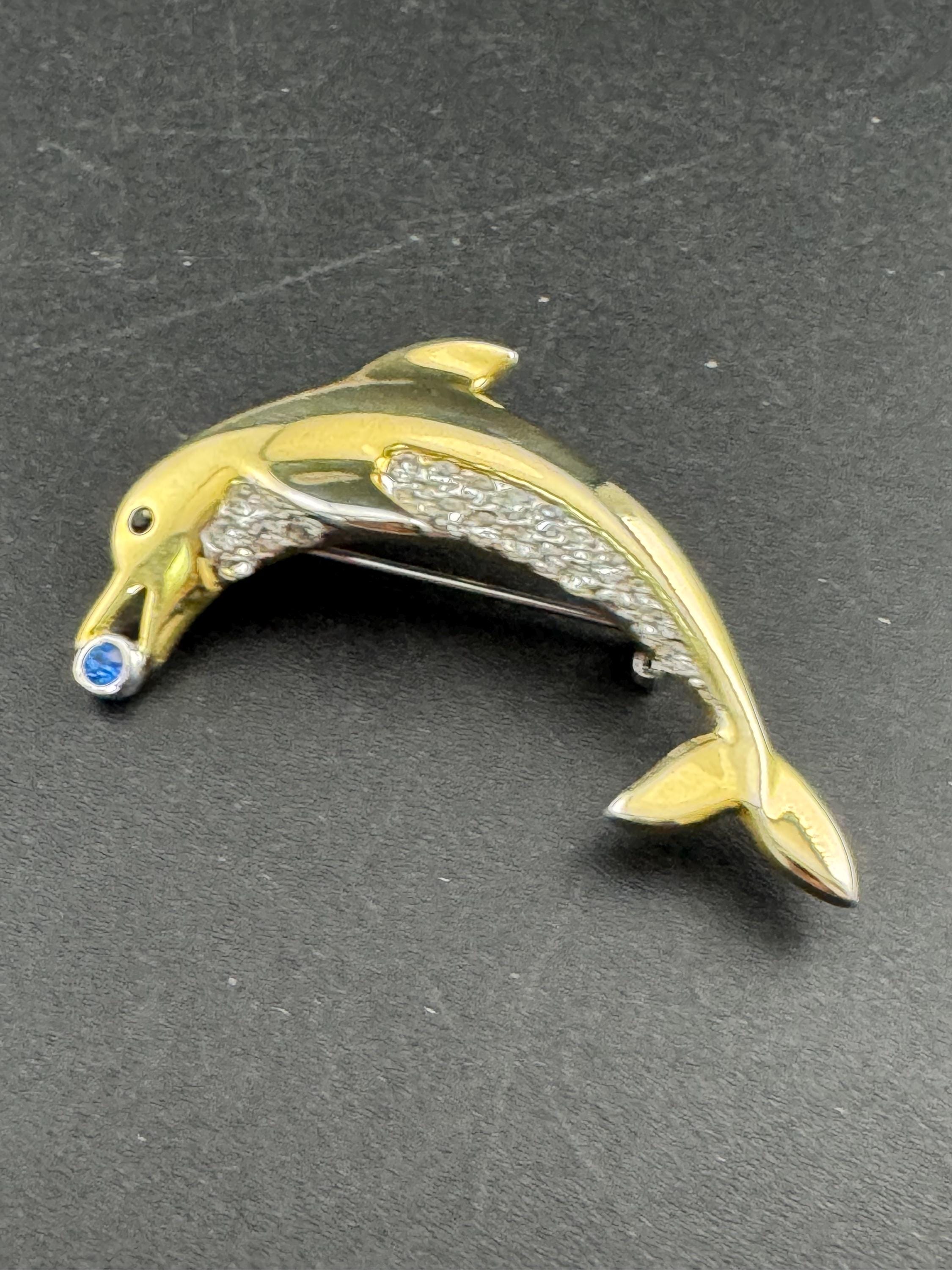 Vintage dolphin brooch, clear and sapphire crystal diamanté gold tone