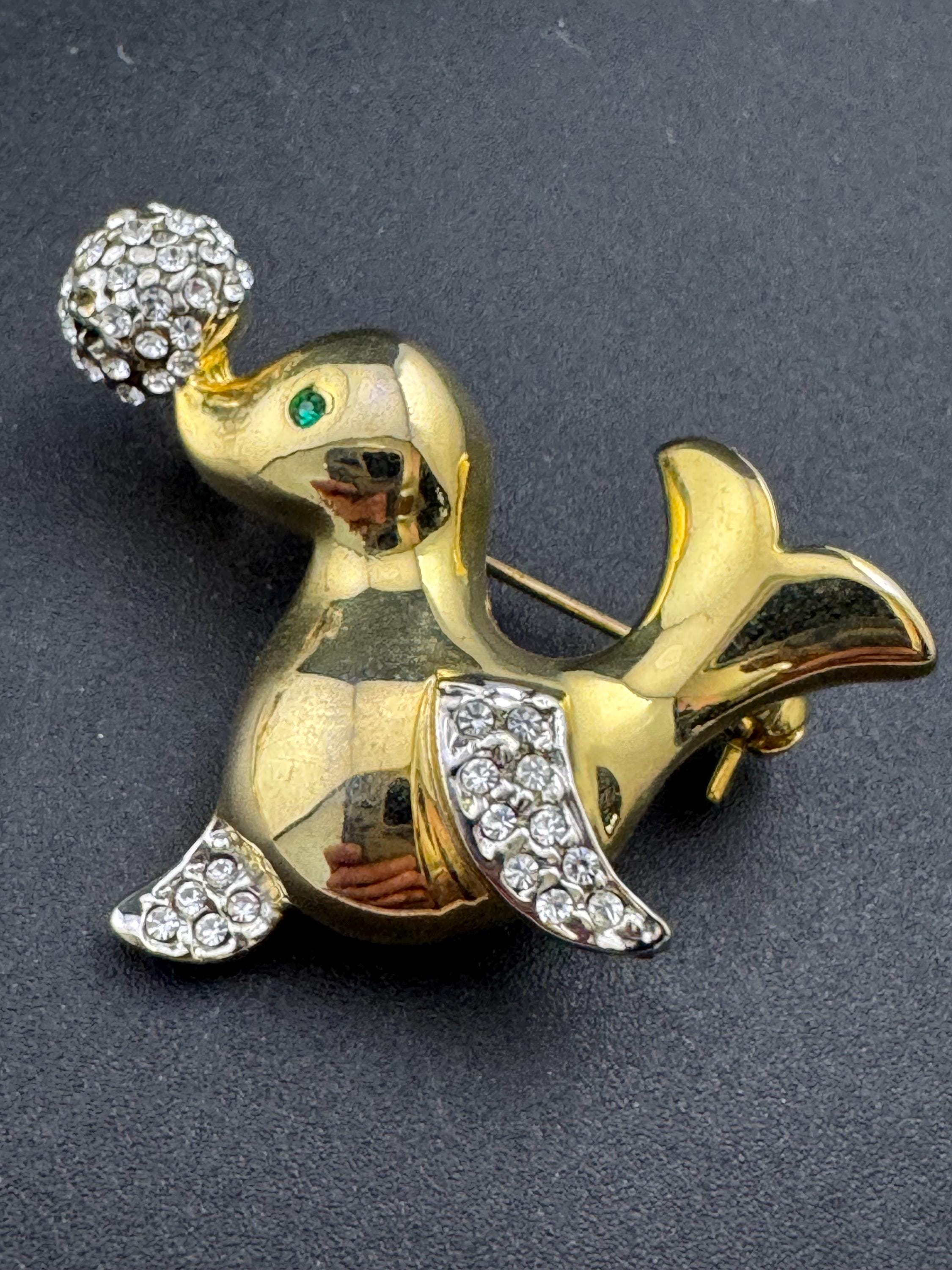 Vintage gold plated seal brooch, crystal rhinestones