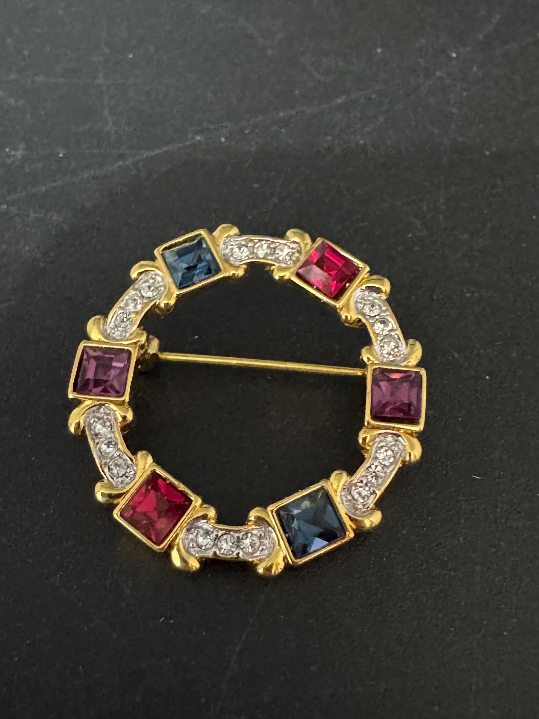 Vintage square crystal diamanté circular broich, purple, gold red