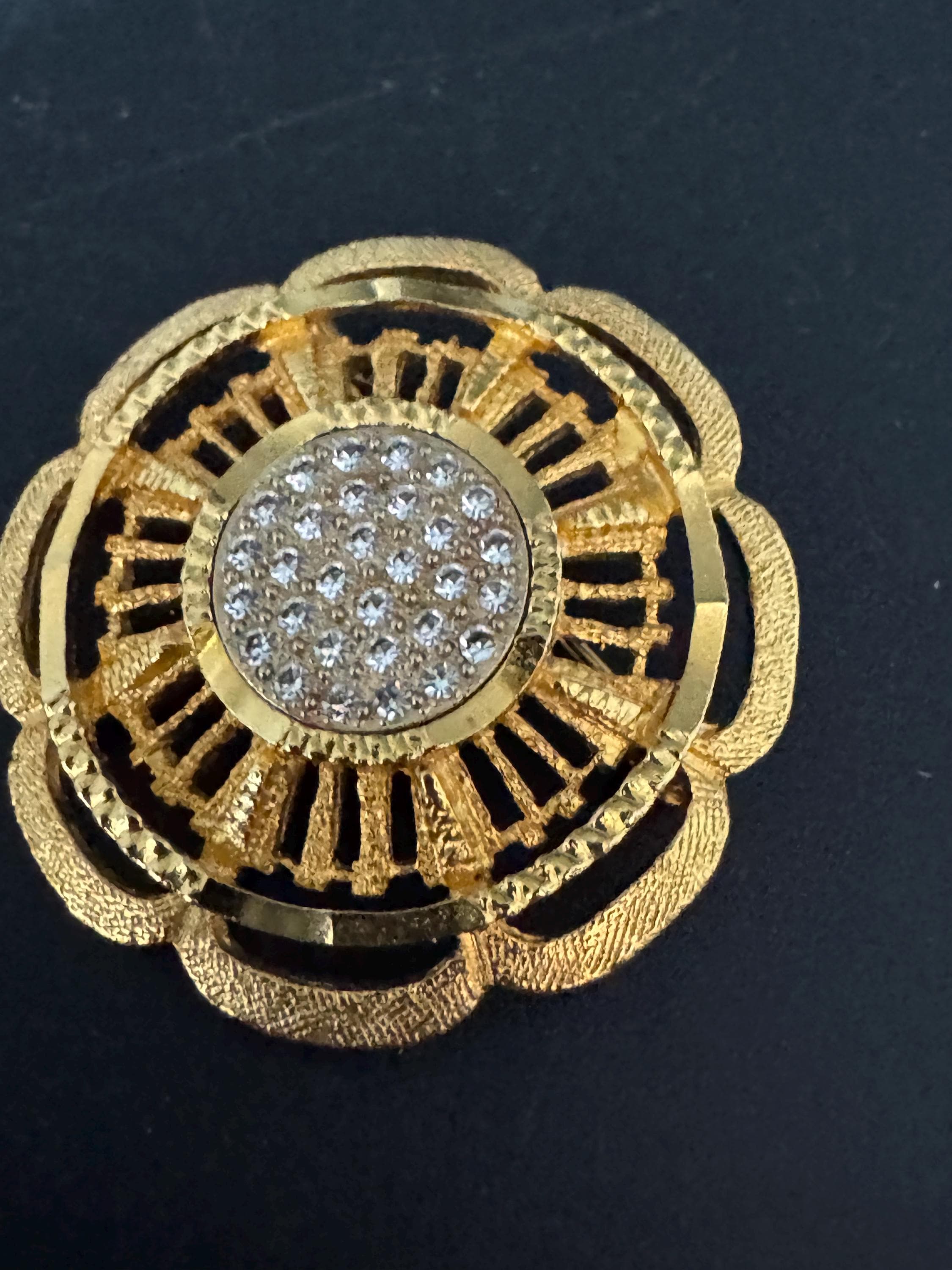 vintage modernist floral brooch, gold tone clear crystal diamanté