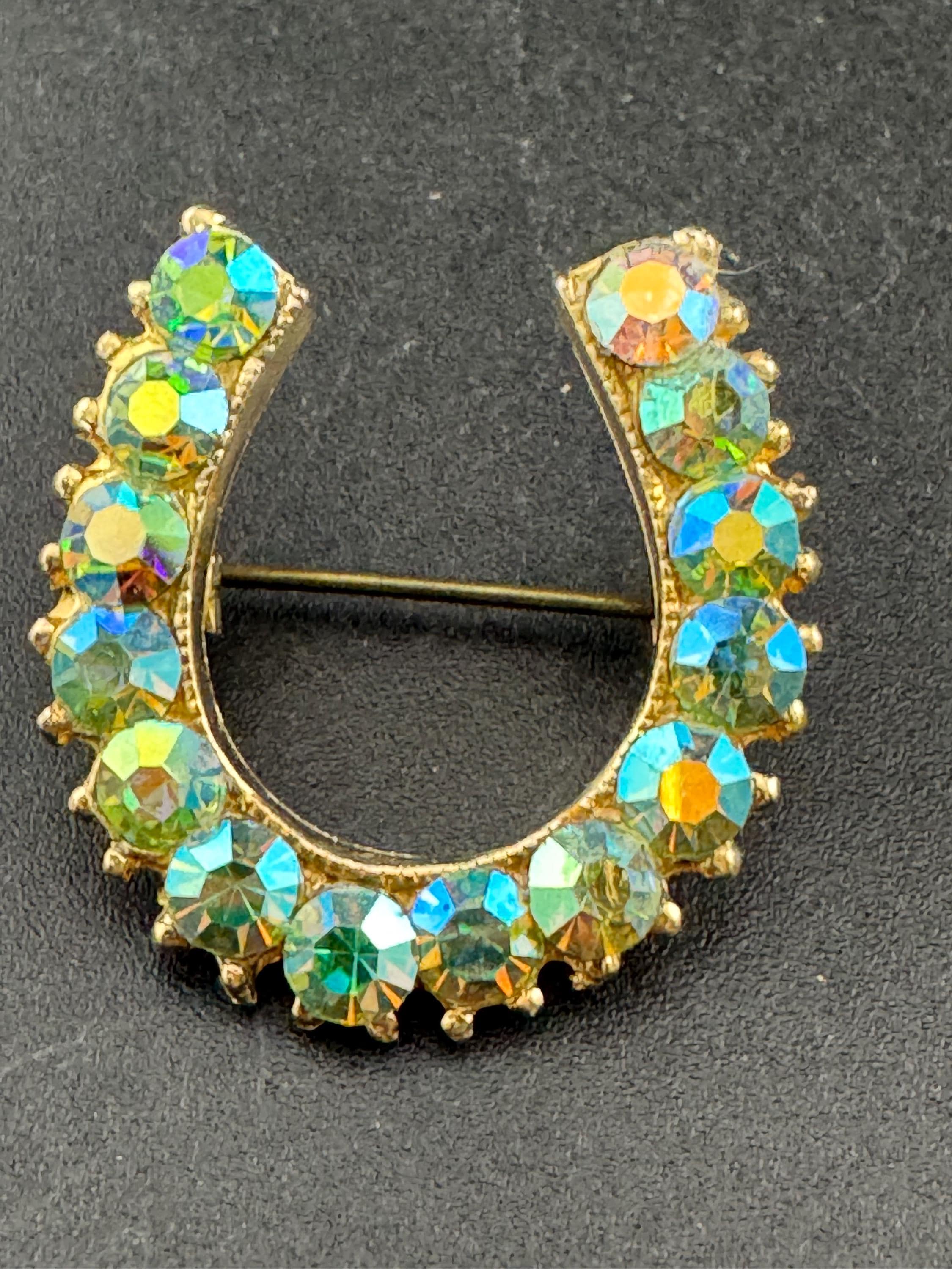 Vintage Aurora borealis lucky horseshoe rhinestone brooch, blue green tones