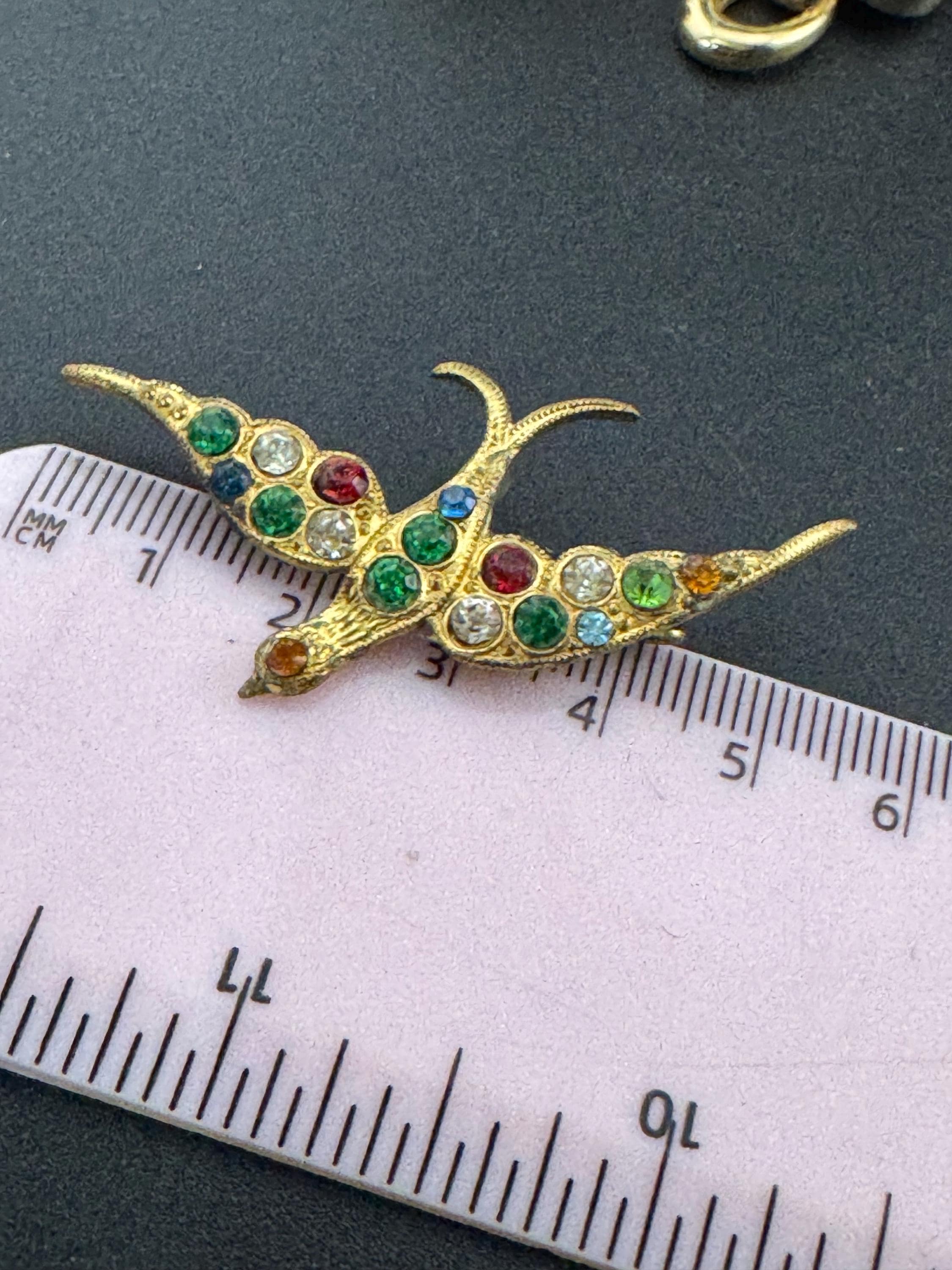 Antique vintage flying bird rhinestone gold brass metal bird brooch