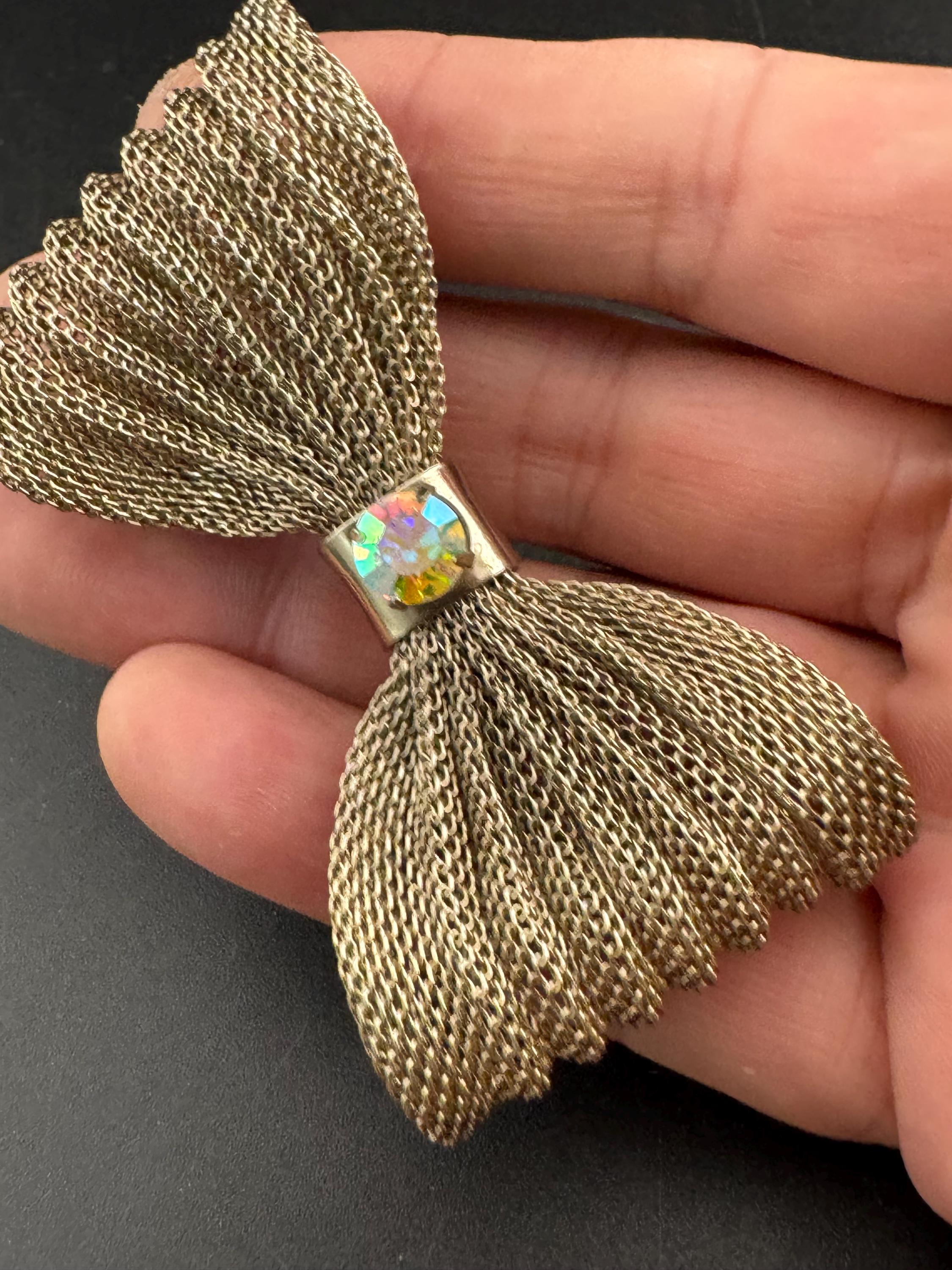 Large vintage AB diamanté mesh bow brooch MCM gold tone 6.5cm 1960s