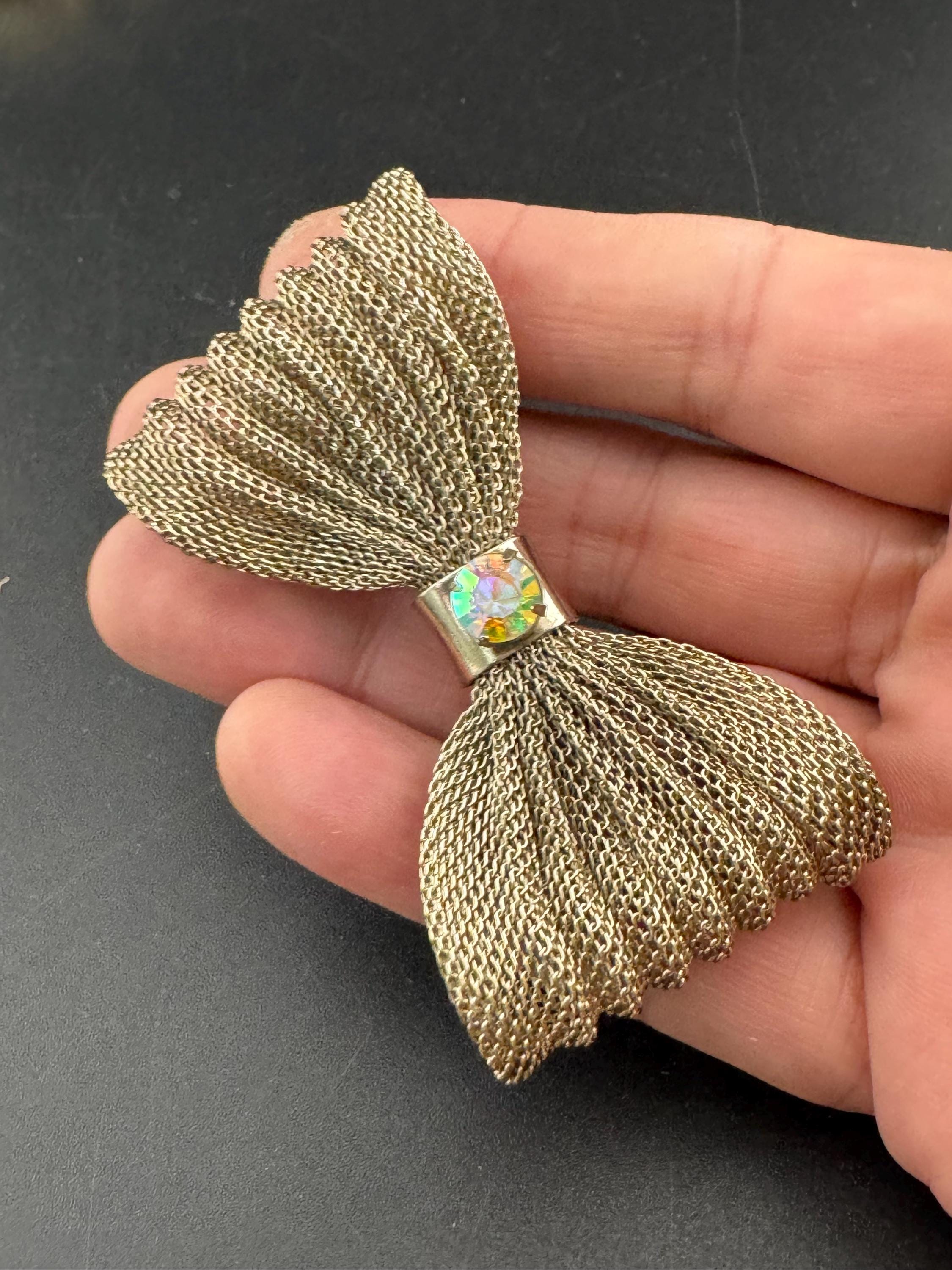 Large vintage AB diamanté mesh bow brooch MCM gold tone 6.5cm 1960s