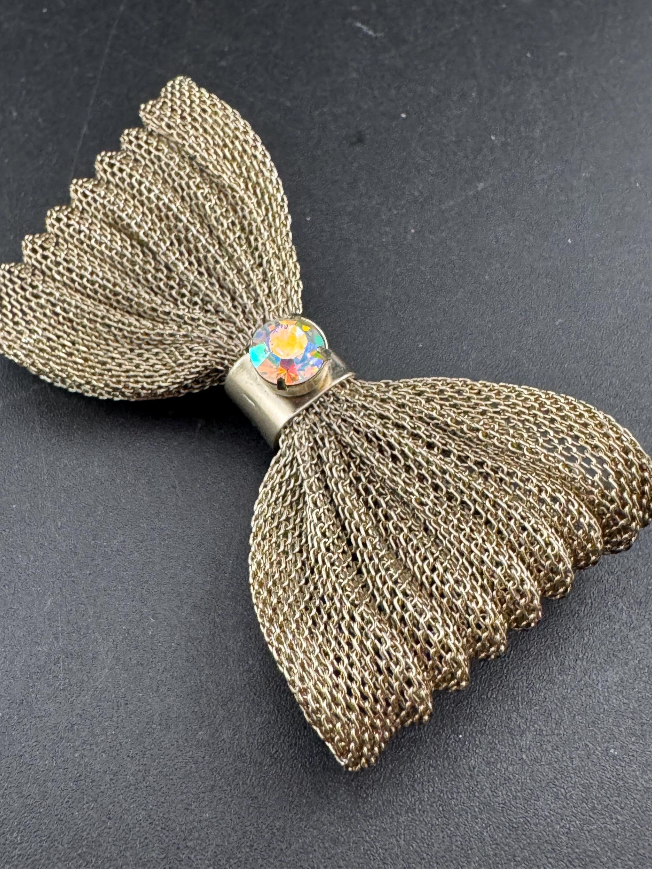 Large vintage AB diamanté mesh bow brooch MCM gold tone 6.5cm 1960s