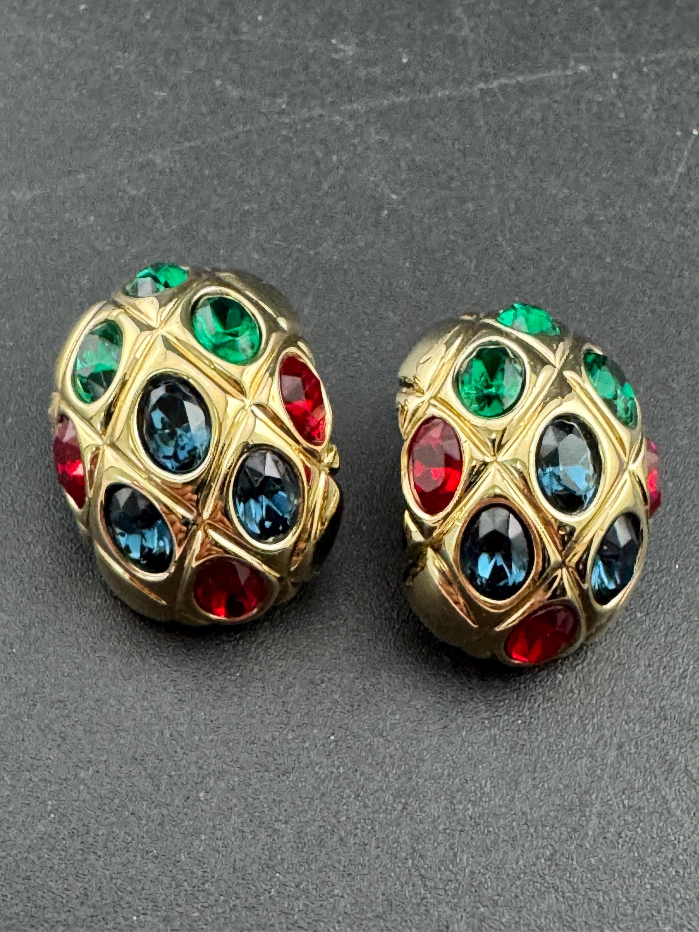 1980s coloured rhinestone Clip On Earrings, Red, Green & Blue Rhinestones
