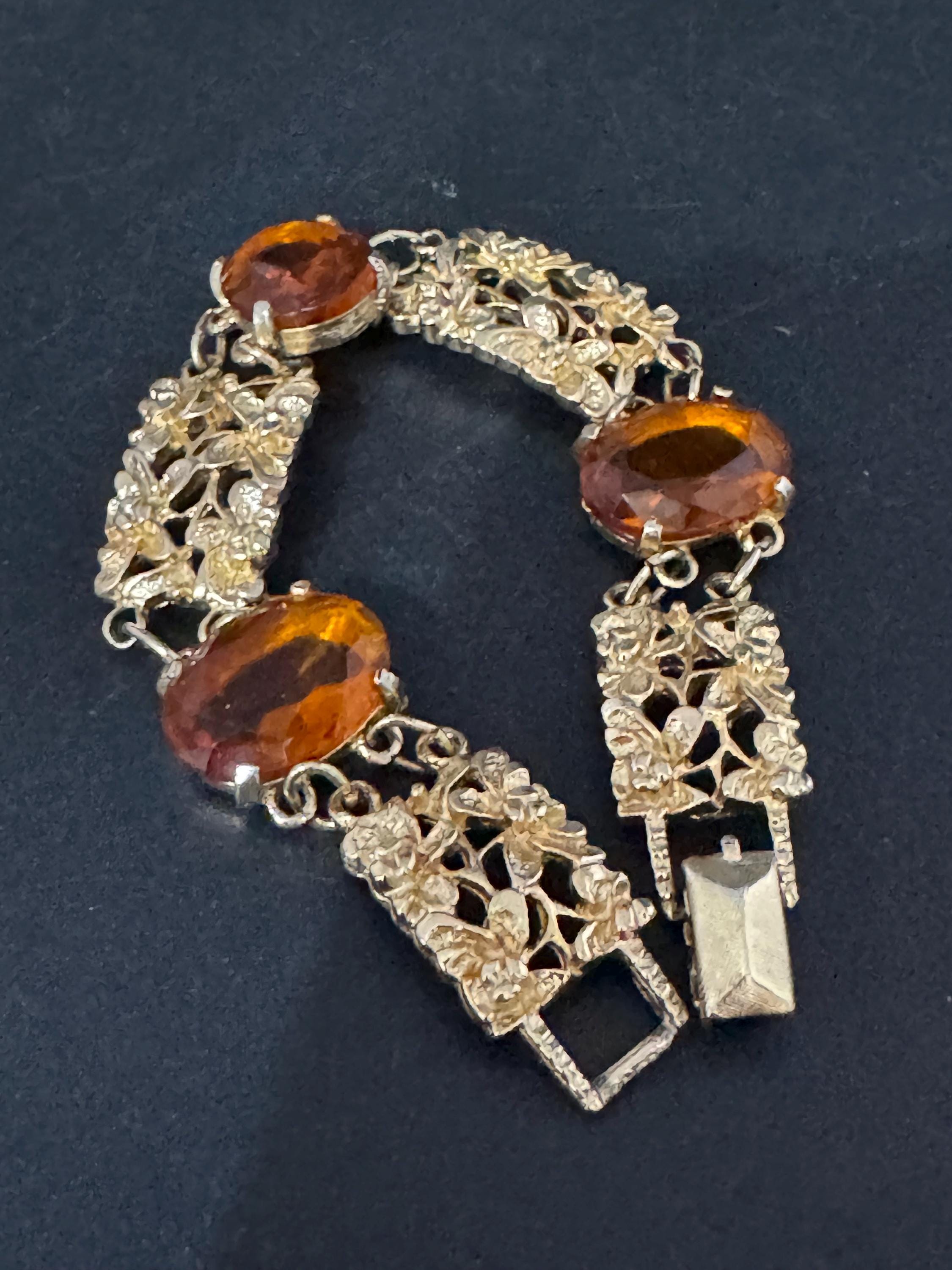 Vintage cocktail bracelet citrine Glass Cabochon Gold Tone panel link 1960s MCM