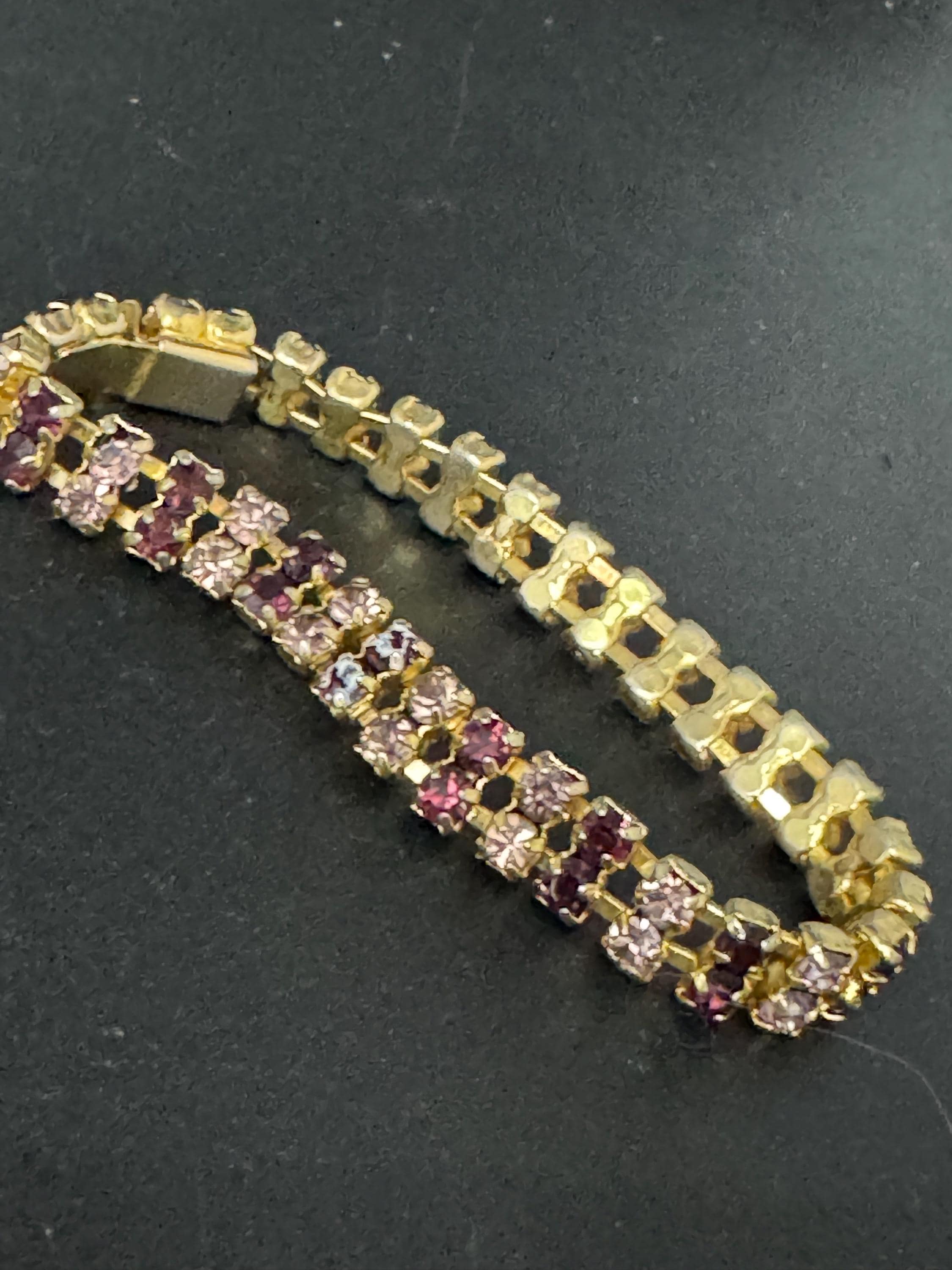 Vintage purple and pink rhinestone cocktail bracelet, gold tone