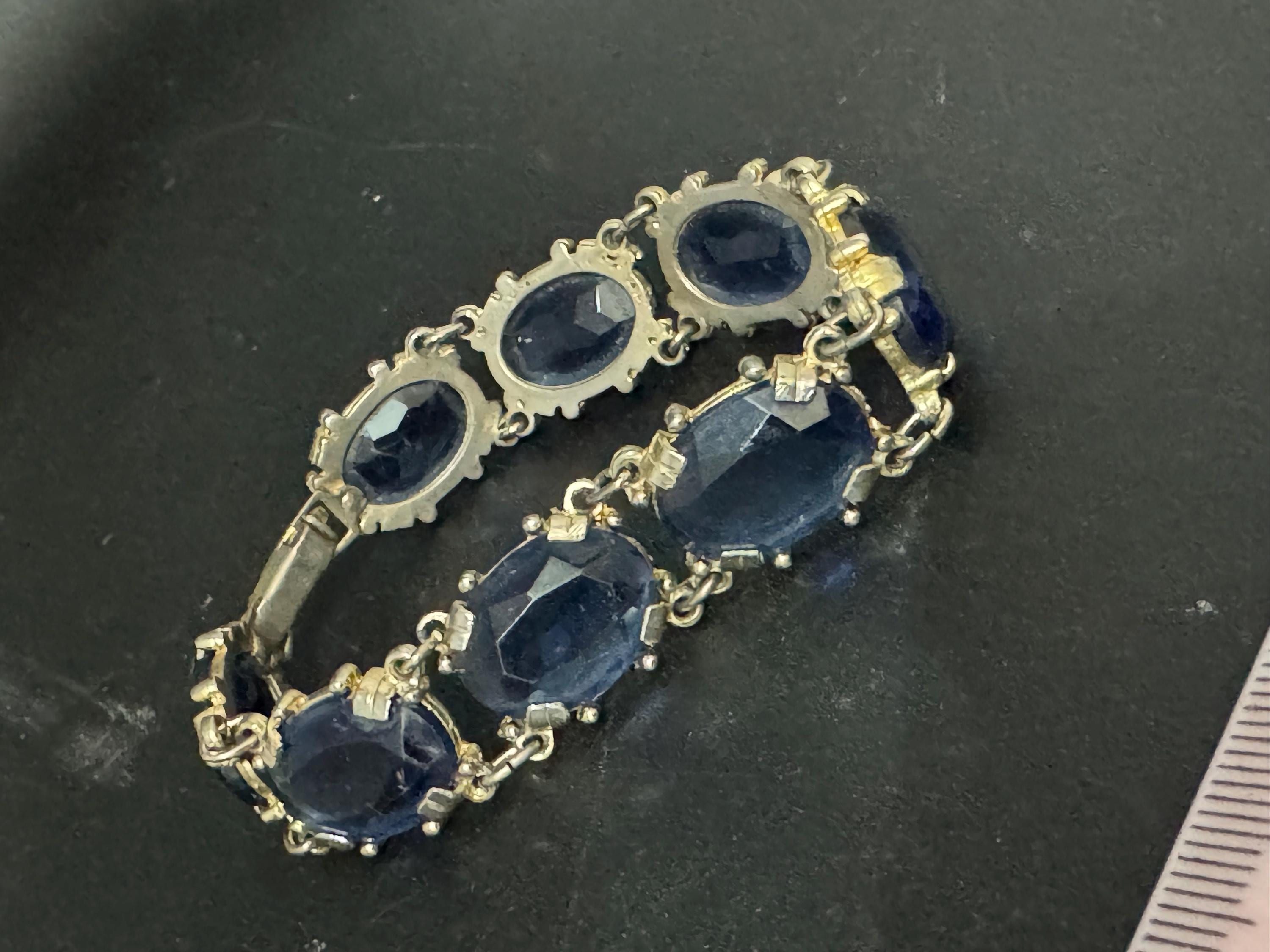 Vintage sapphire blue rhinestone cocktail bracelet , gold tone mid century