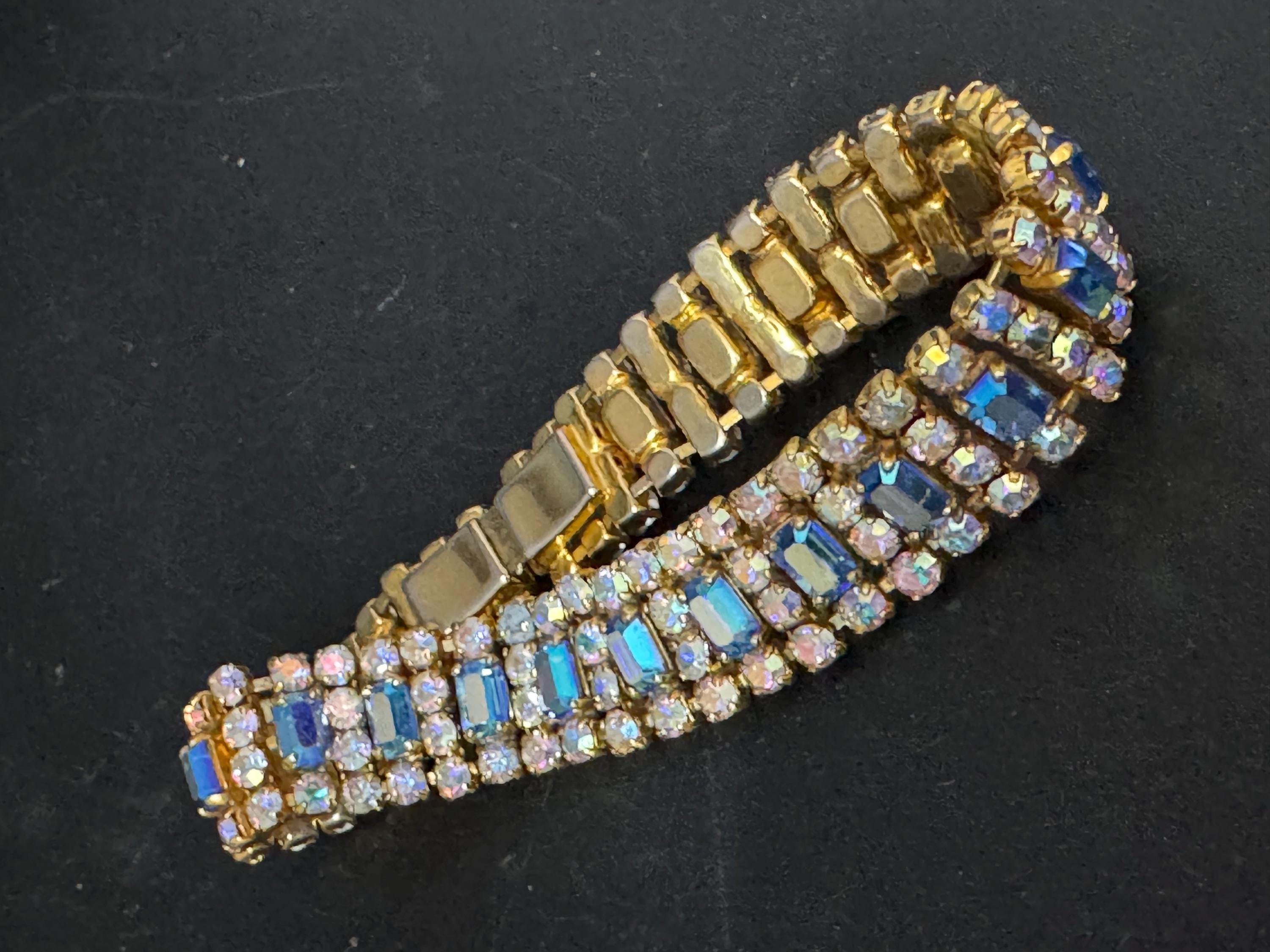 Vintage AB blue Diamanté gold tone sapphire rhinestone cocktail Bracelet