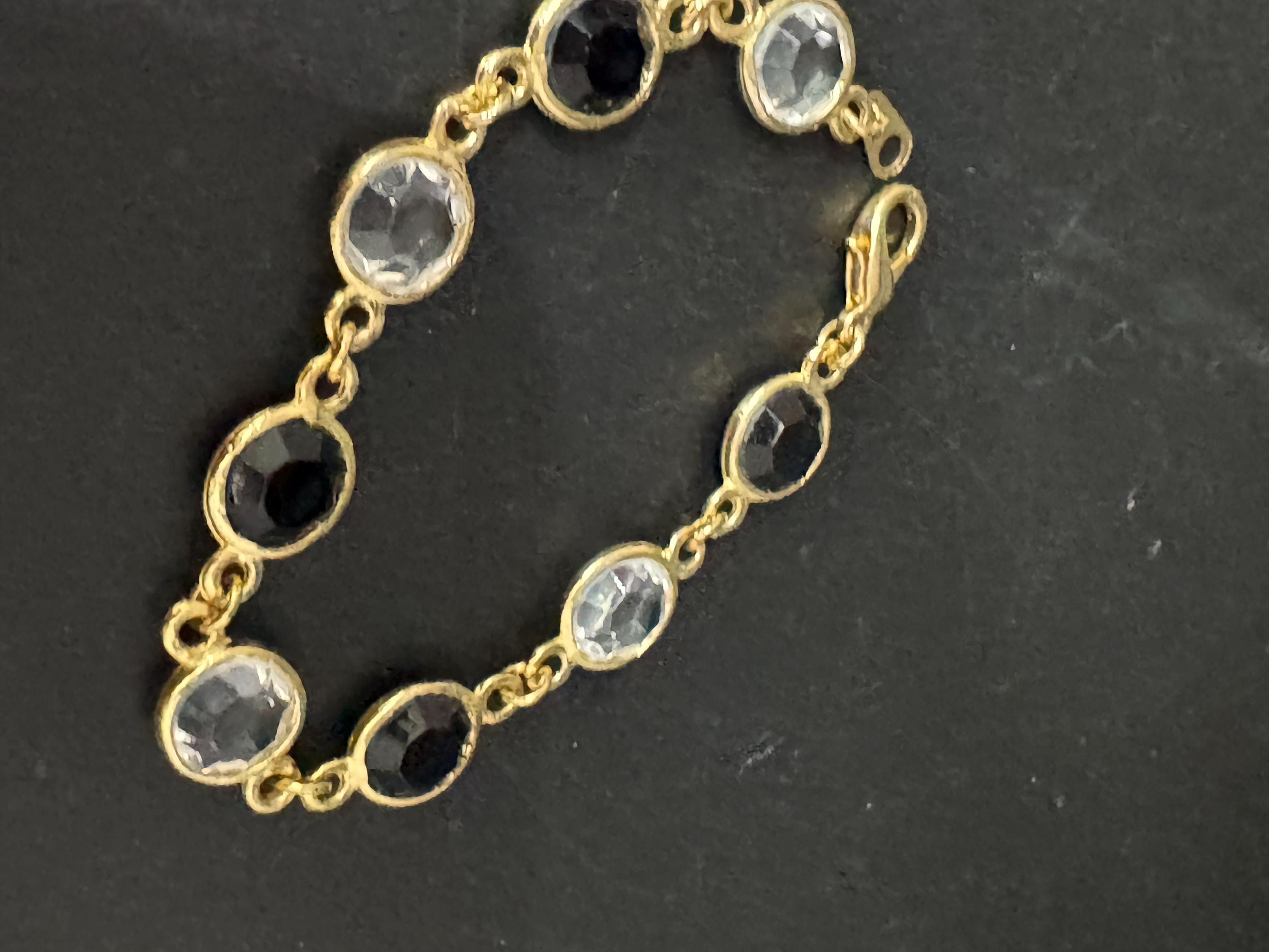 Vintage black and clear round bezel set gold tone open backed rivière bracelet 18.5cm