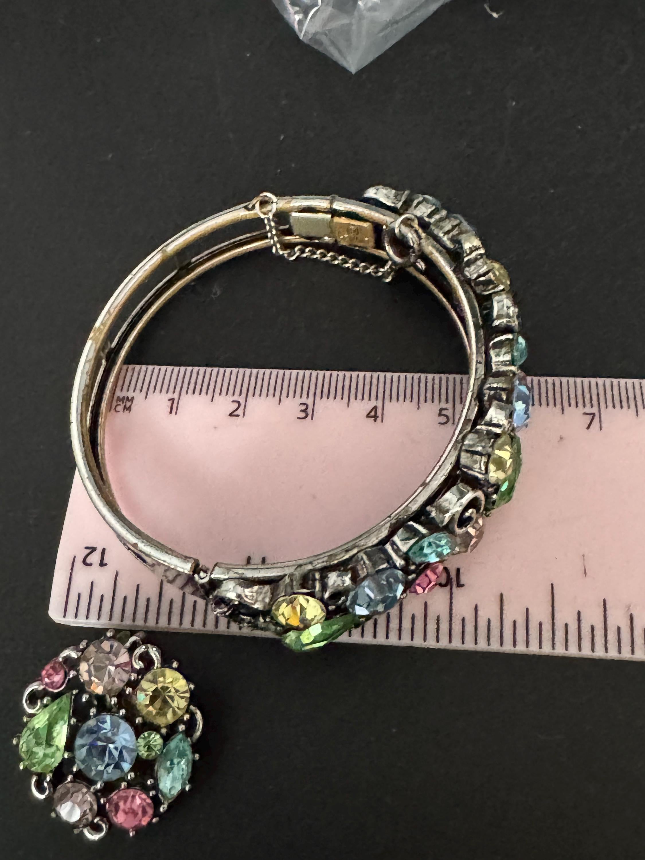 Uranium UV glass Signed LISNER pastel rhinestone matching hinged bangle and clip on earring jewellery set