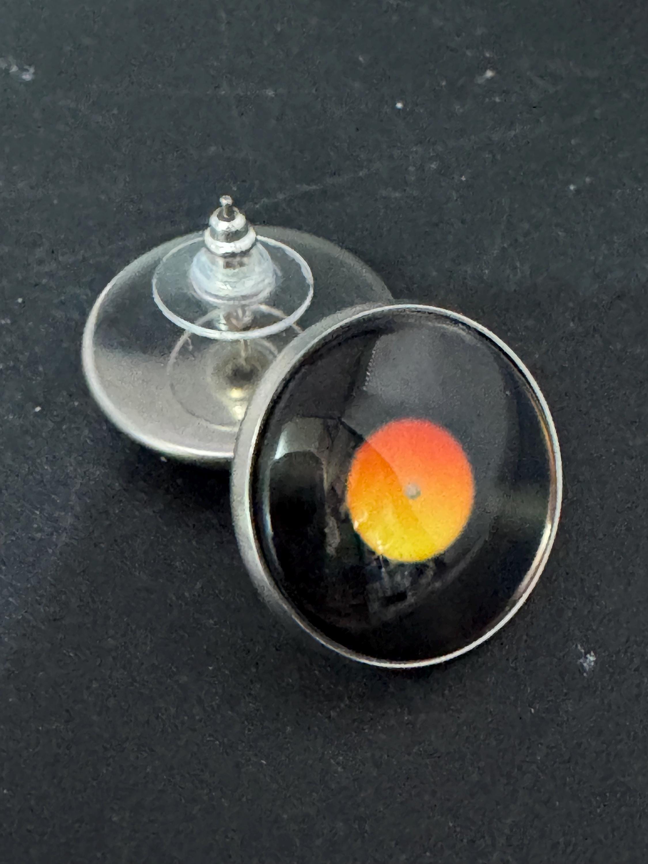 Retro Vinyl Record Stud Earrings: Black Orange Stainless Steel 20mm