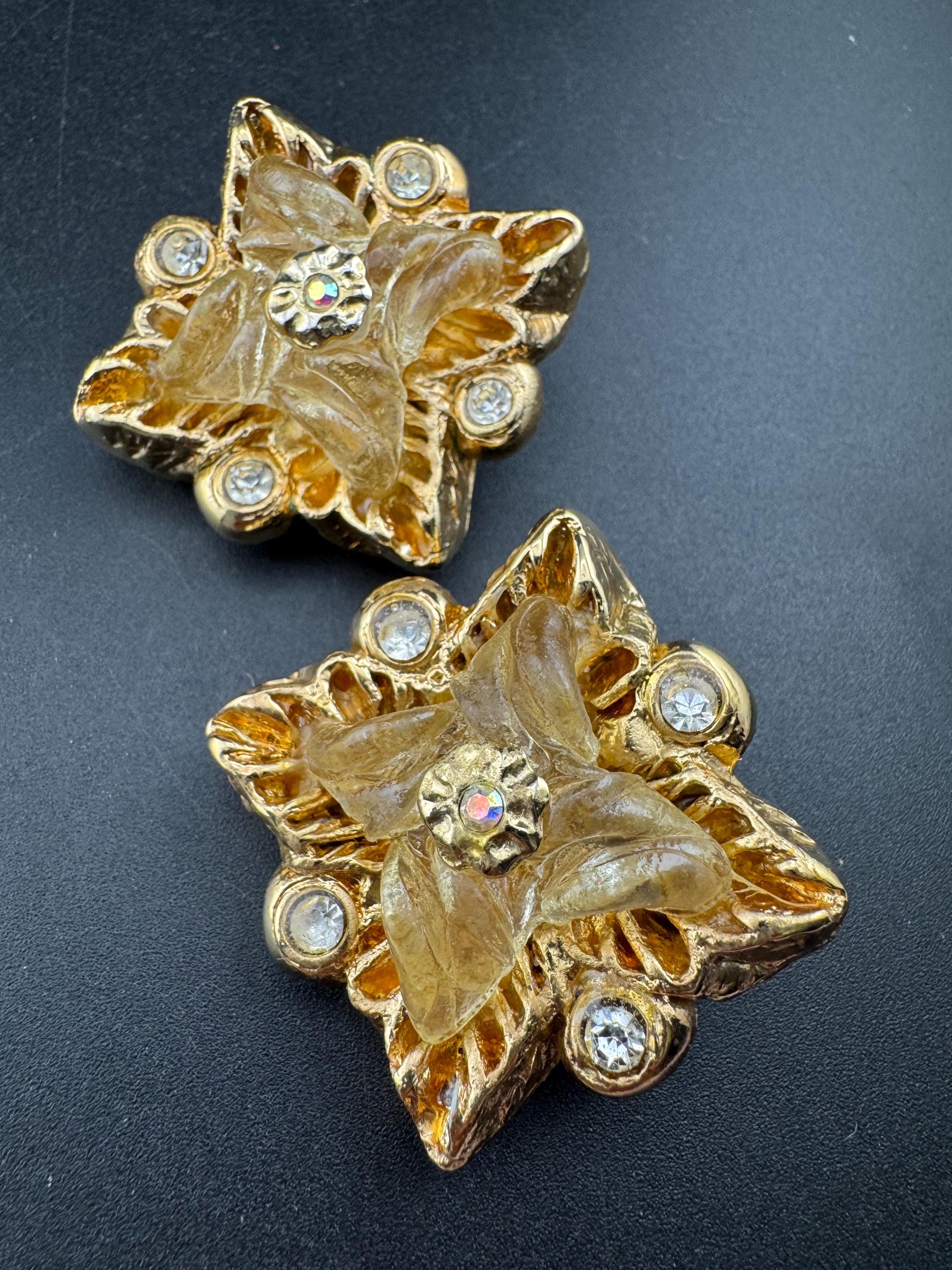 Jacky de G big gold rhinestone square Clip On Earrings: Oversized designer studs
